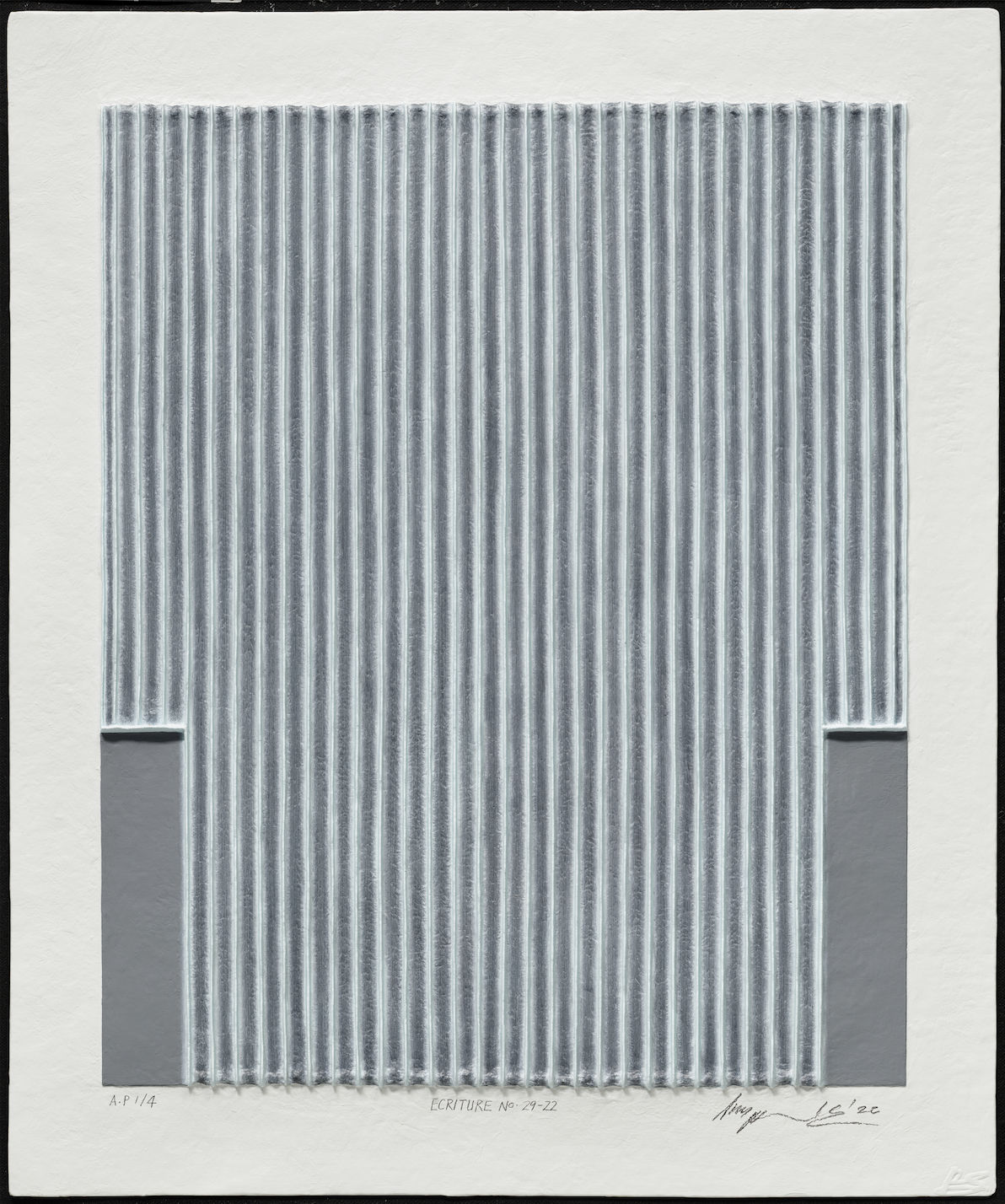 Park Seo-Bo Ecriture No. 29-22 Edition of 30 (#15/30), 2022 Relief print with korean hanji paper and hand-coloring 65 x 54 cm $30,000