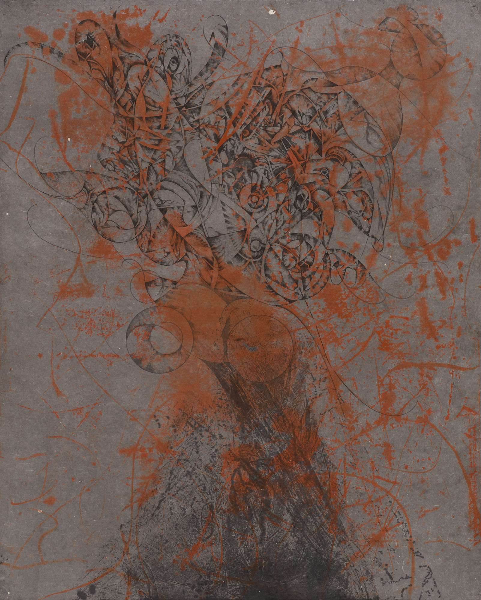 자장가 Lullaby, ink and cinnabar red ink on paper, 162x130cm, 2019