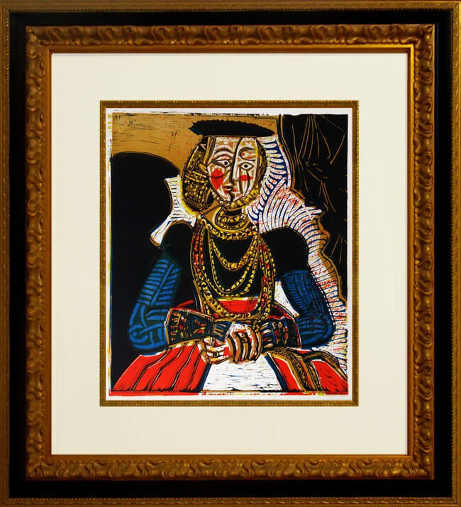Pablo Picasso (Spanish 1881-1973) Title: &ldquo;Buste de Femme d&rsquo;apr&egrave;s Cranach le Jeune&rdquo;, 1958 Medium: Linoleum cut (6 blocks in black, red, green, yellow, brown, and blue) Image size: 25.5 x 21 inches