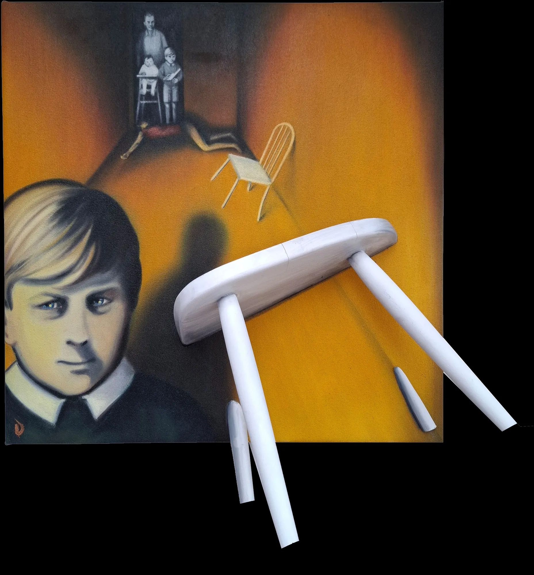 Disorder, 2025 Oil on canvas panel with hand-cut chair 61cm x 61cm
