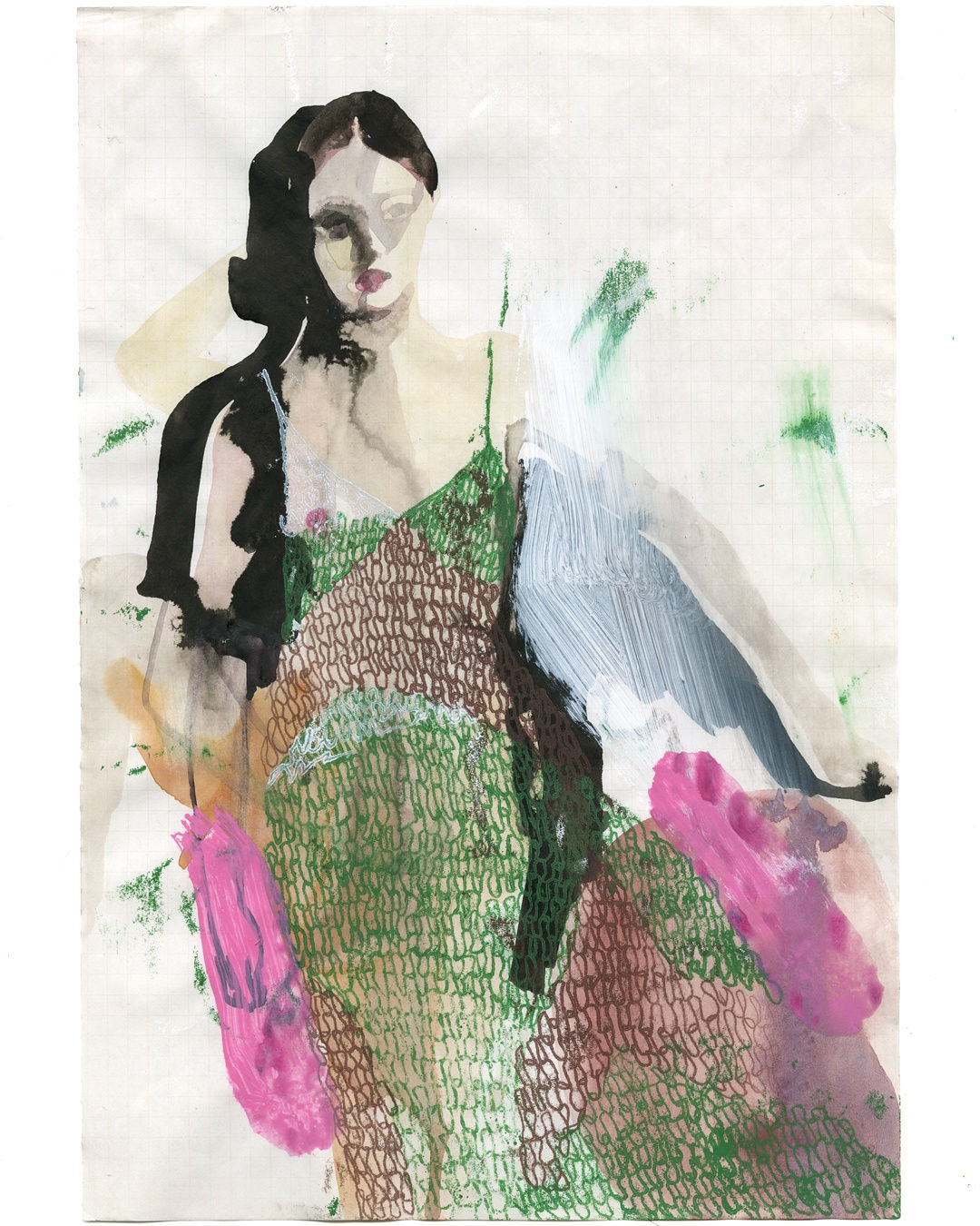 07/26/23 The Dress IV Ink, watercolor and acrylics on found paper, 2023 29.7 x 21 cm