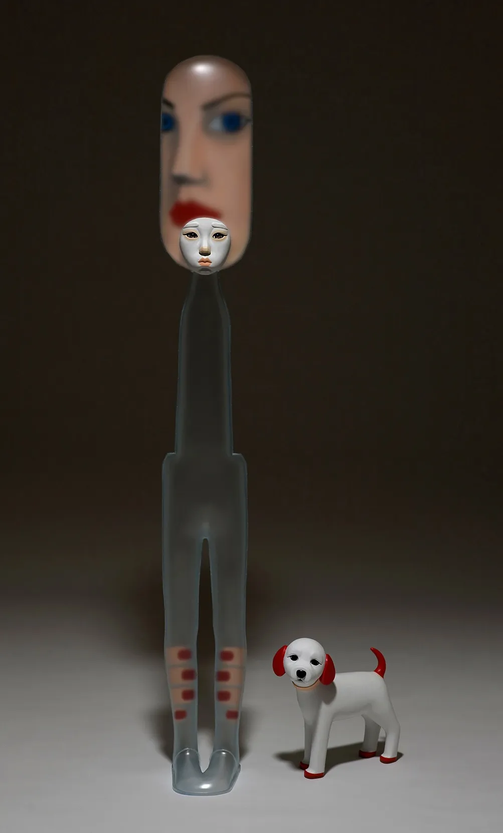 JINYOUNG YU Me & Them #3, 2014 Poly vinyl chloride, Fibre-reinforced plastic Female Figure : 153 (H) x 22 (W) x 21 (D) cm Dog : 34 (H) cm