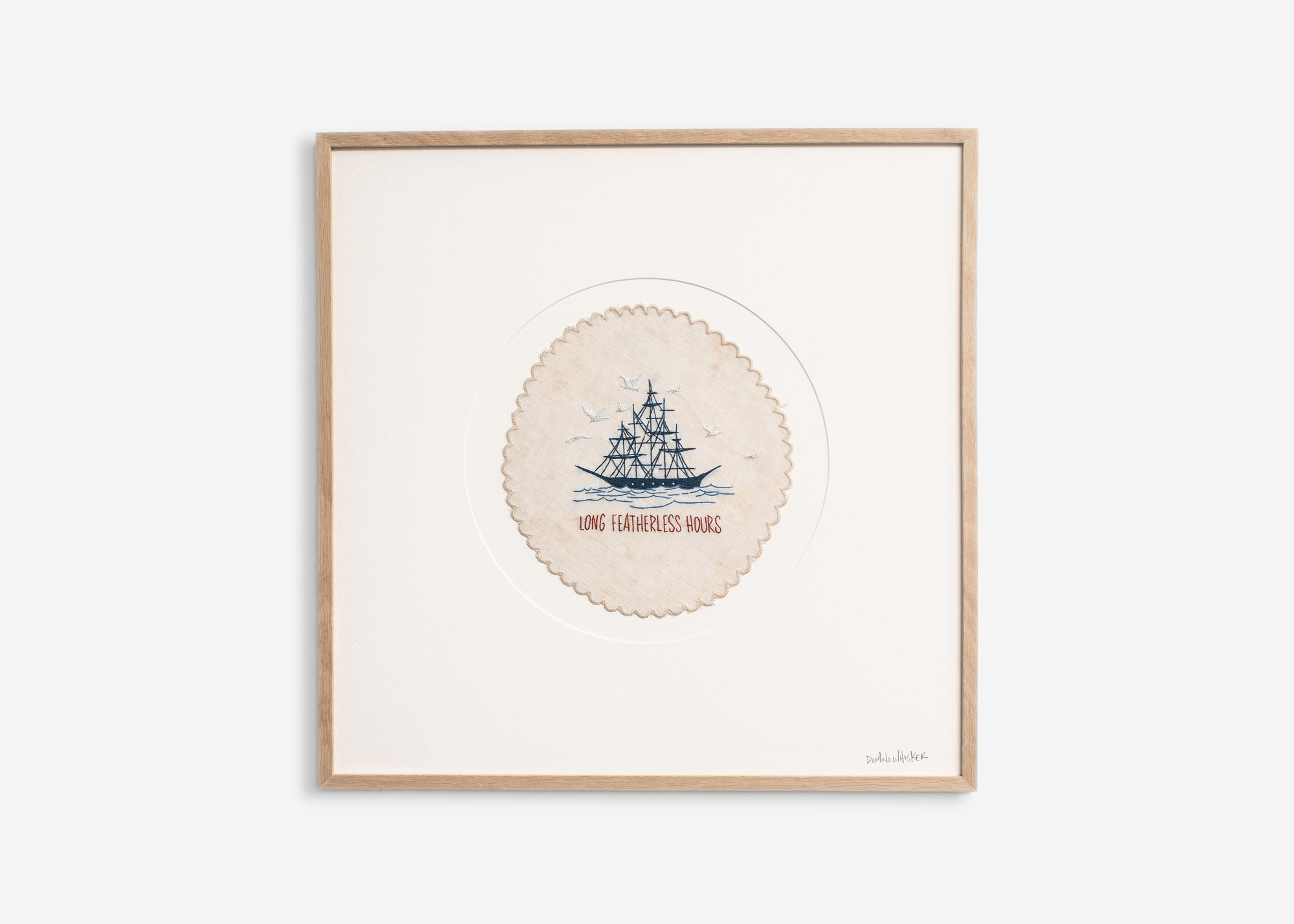 Long Featherless Hours, 2025 Hand embroidery on vintage Irish linen 18 3/4 x 18 3/4 inches (47.5 x 47.5 cm)