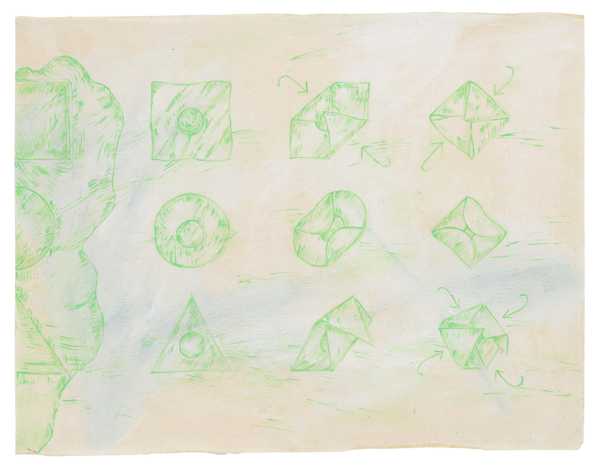 Minoo Yalsohrabi, Unnumbered Pages from a Lost Recipe Book: Not Every Fold Suits Every Form, 2023, Acrylic, dry pastel, colored pencil on rice paper, 35 X 44 CM | 14 X 17 IN