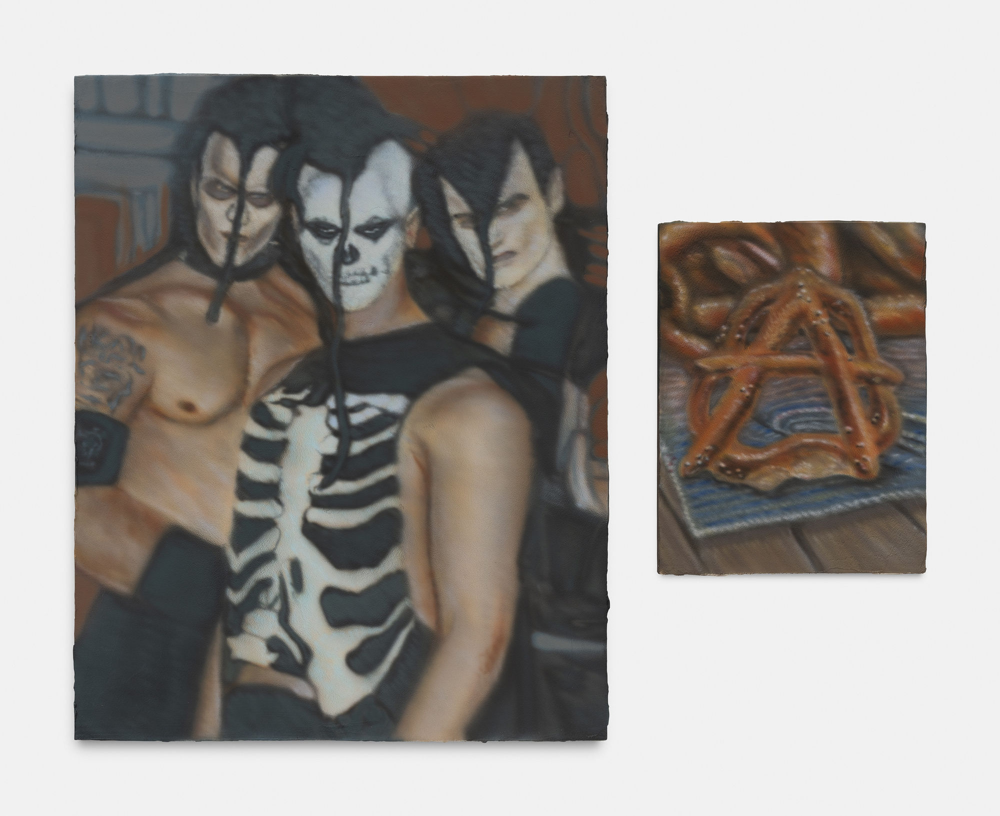 Jack Jubb Reaping vs Sowing, 2023 Signed "JJ 23" on the back Acrylic, Acrylic medium on cradled wooden panel 2 panels / 7 cm in between - Middle centred Left : 76,5 x 61 x 5,5 cm Right: 41 x 30,5 x 5,5 cm