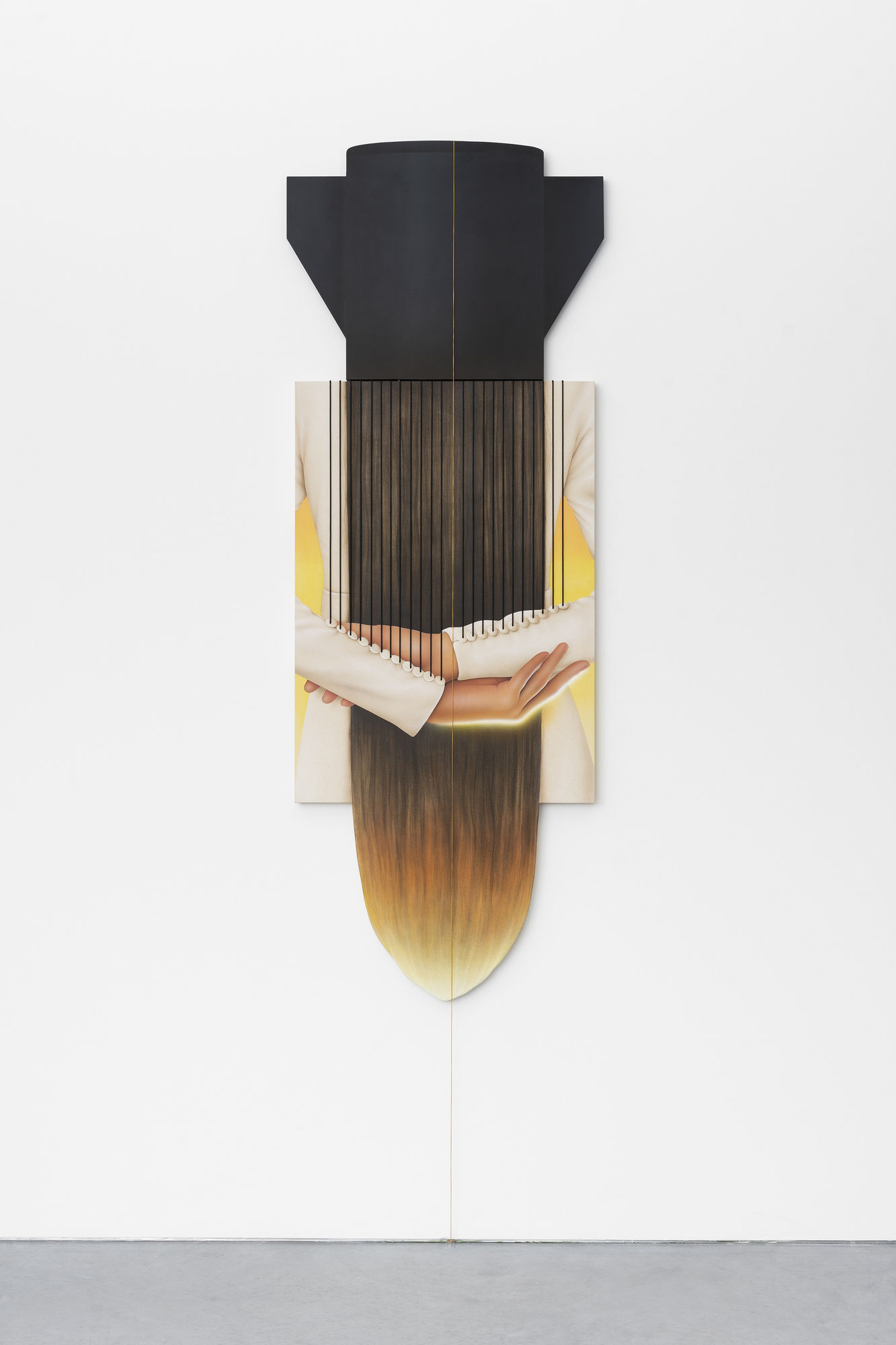 Arghavan Khosravi The Hair, 2022 Acrylic on canvas over wood panel and on shaped wood panel, elastic cord, leather cord 192 x 72 x 6 cm. 75 x 28 x 2 in. 2 panels Top 53 x 70 x 3 cm Low 137 x 66 x 4cm