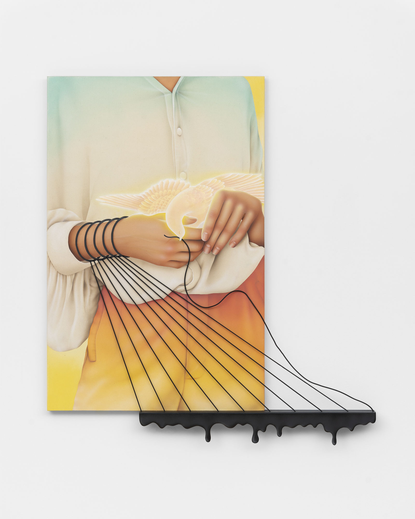 Arghavan Khosravi The Glowing Bird, 2022 Acrylic on canvas over wood panel, elastic cord, wood cutout 103 x 92 x 7 cm. 40 x 36 x 2 in.