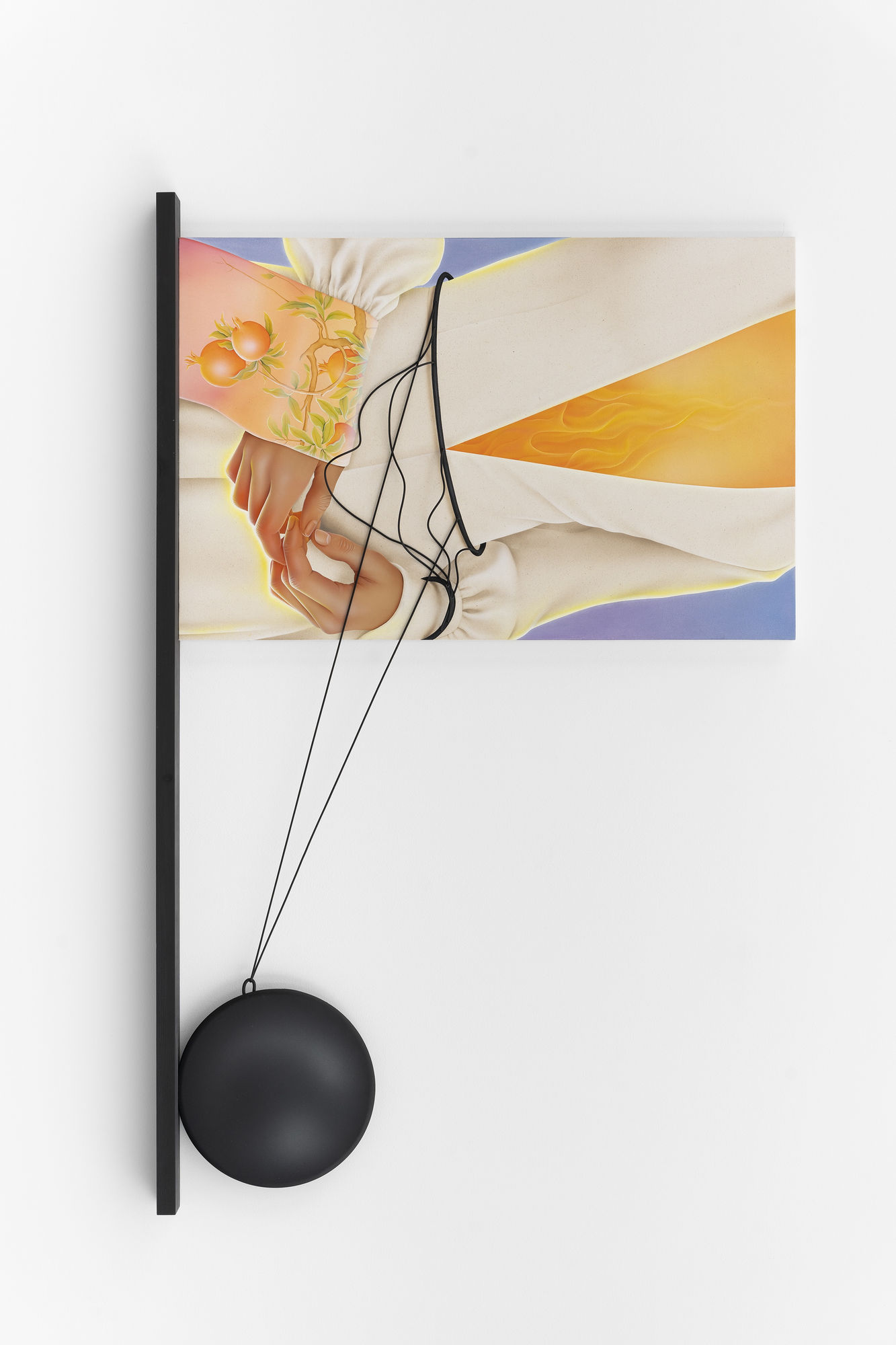 Arghavan Khosravi The Pomegranate Sleeve, 2022 Acrylic on canvas over wood panel, wooden shelf, elastic cord, wood cutout 96 x 152 x 9 cm 37 x 59 x 3 in.