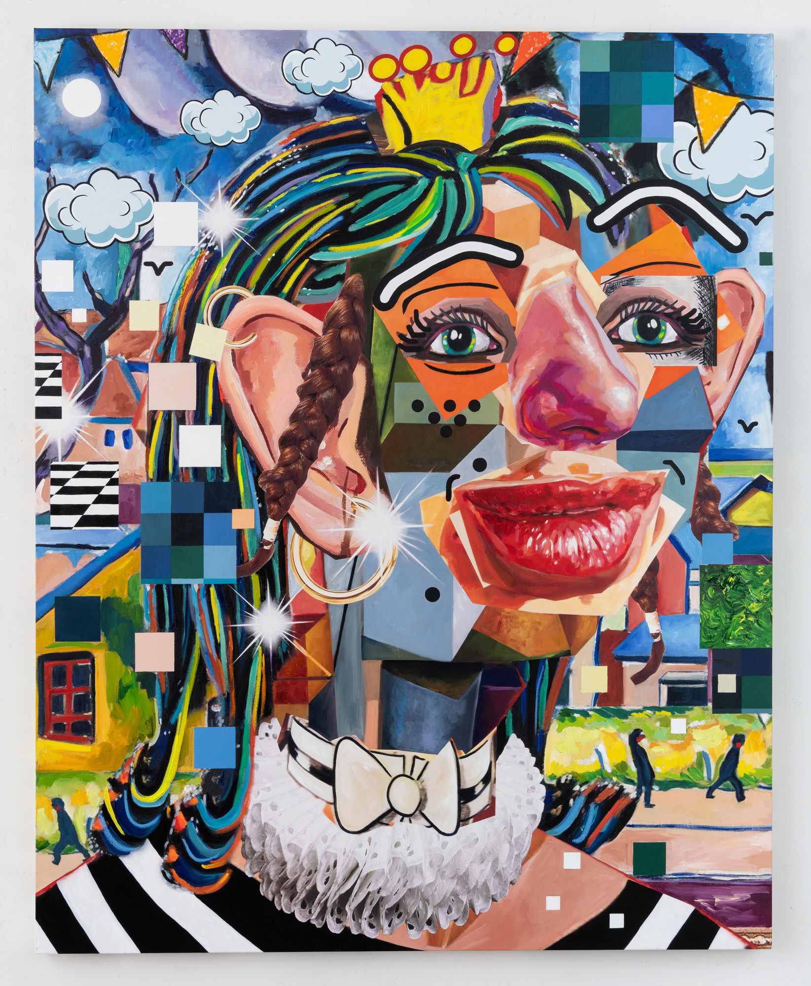 Allison Zuckerman La Dauphine, 2022 Oil, Acrylic, Archival CMYK ink on canvas 203 x 163 cm. 80 x 64 in.