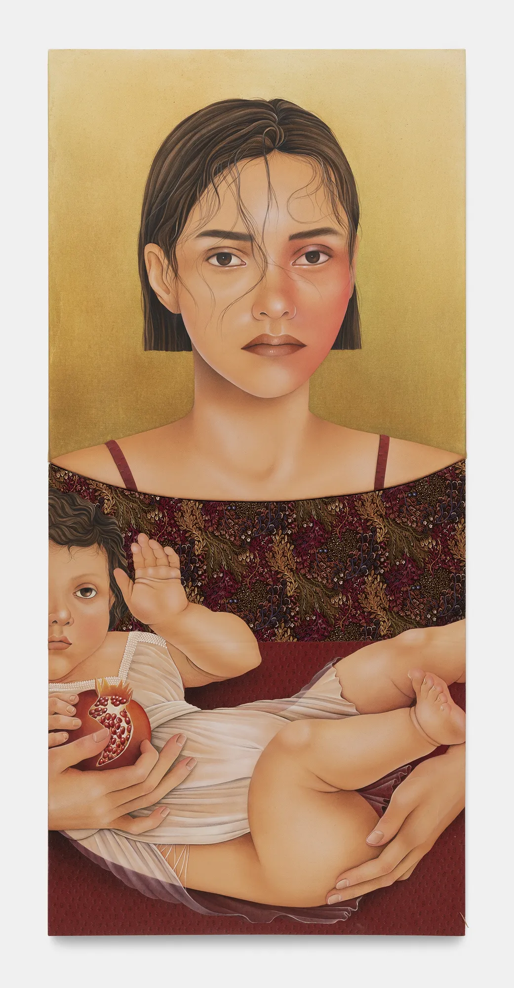 Arghavan Khosravi The Anatomy of a Woman Series #1, 2019 Acrylic on cotton canvas and found textile mounted on two shaped wood panels. 95 x 45 cm. 37 x 17 in.