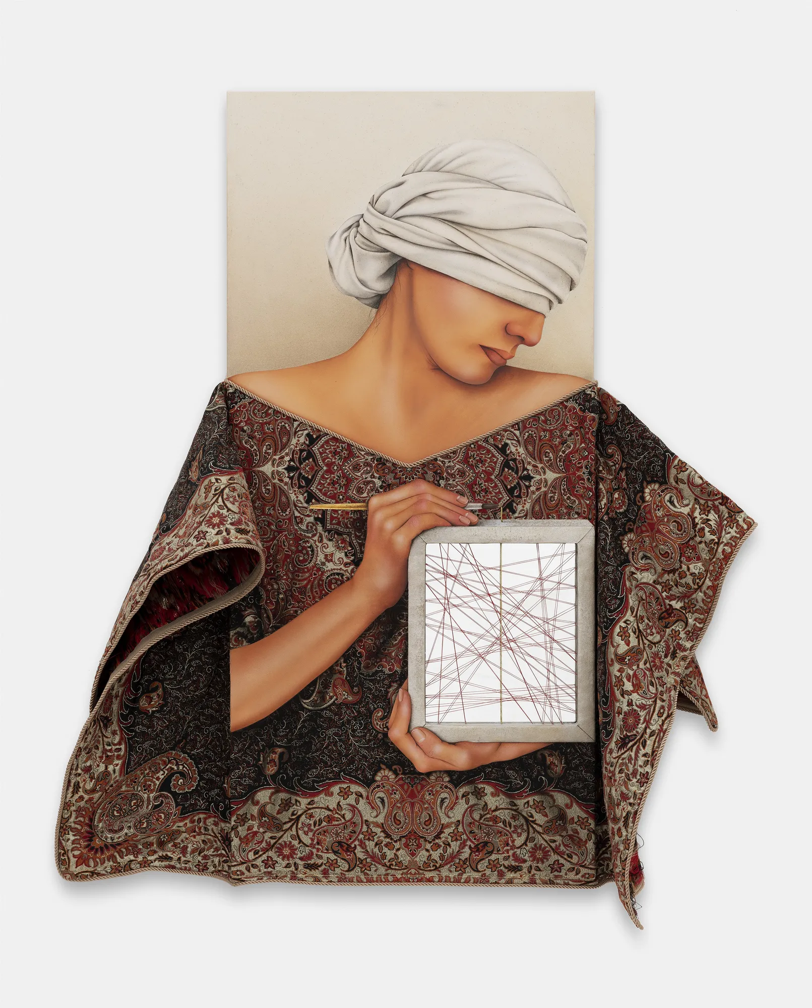 Arghavan Khosravi The Anatomy of a Woman Series #5, 2019 Acrylic on cotton canvas and found textile mounted on two shaped wood panels, thread, mirror 95 x 45 cm. 37 x 17 in.
