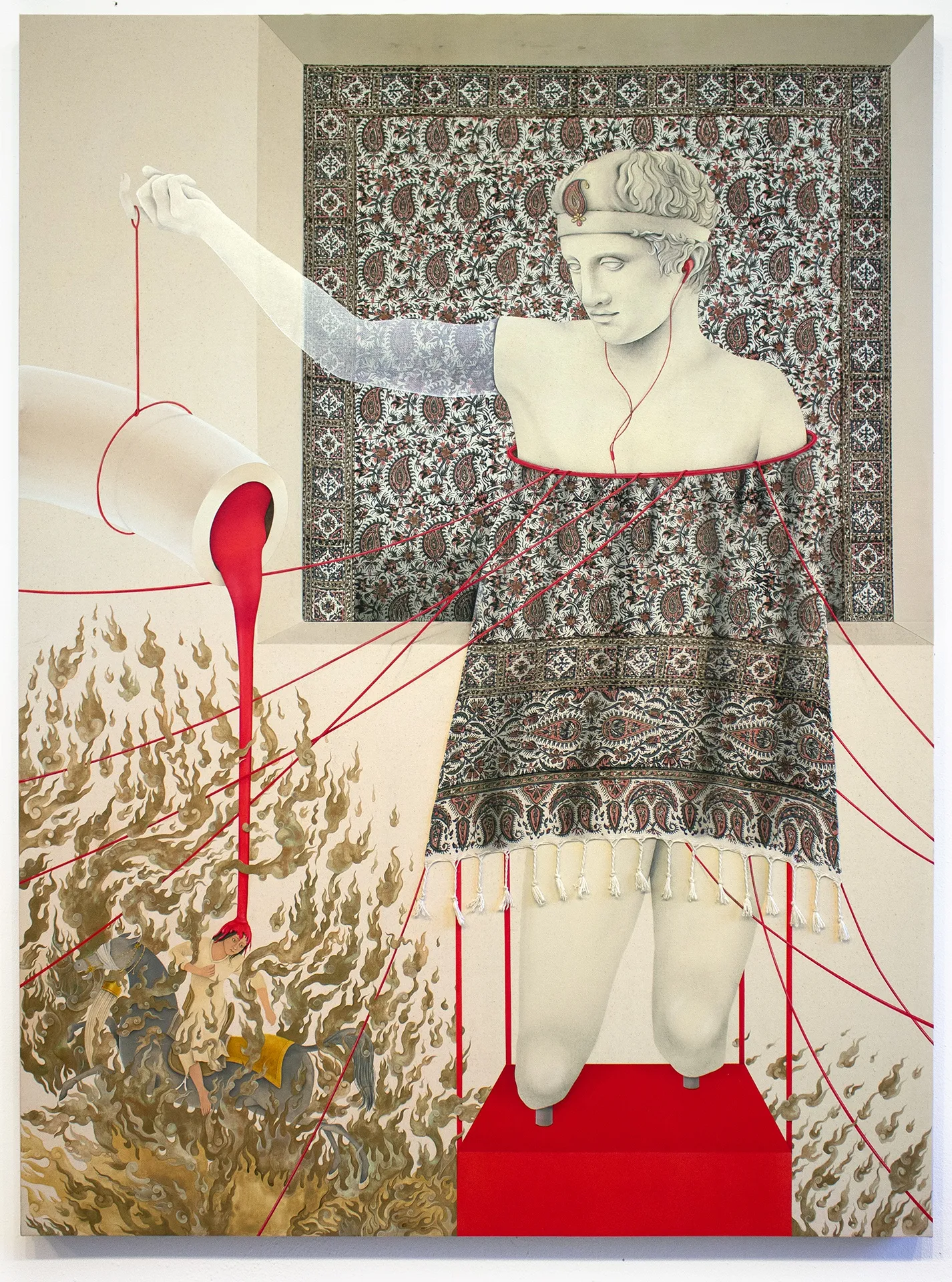 Arghavan Khosravi Siavash, 2018 Acrylic on found wood block printed fabric, acrylic on cotton canvas mounted on two separate wood panels 139 x 104 cm. 55 x 41 in.