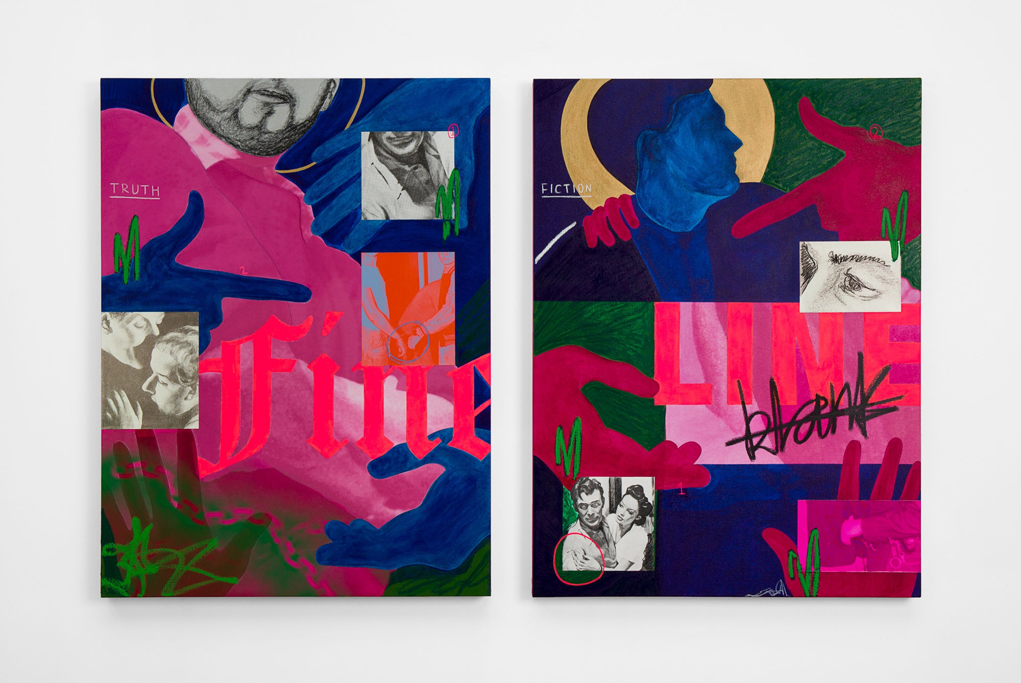 Gabriella Sanchez MATTER OF TRUTH AND FICTION (DYPTICH), 2020 Acrylic, oil stick, spray paint, ink, oil pastel, archival pigment prints on paper, UV pigment print on canvas Diptych 193 x 122 cm. 76 x 48 in.