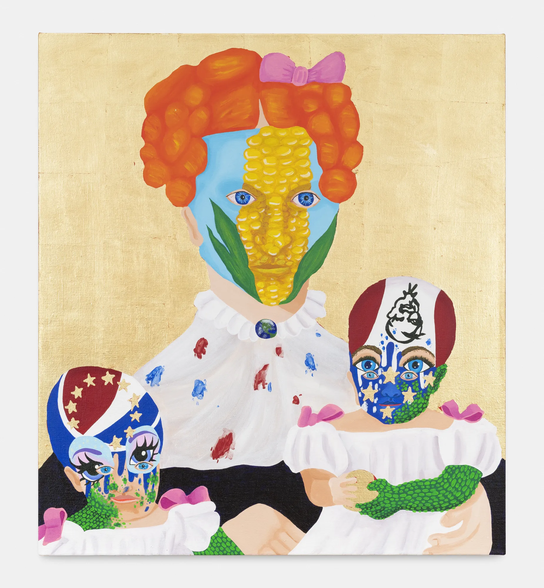 Bailey Scieszka Old Put and the Pepsi/Indigo Generation (The Live), 2020 Acrylic and gold leaf on linen 94 x 87 cm. 37 x 34 inches