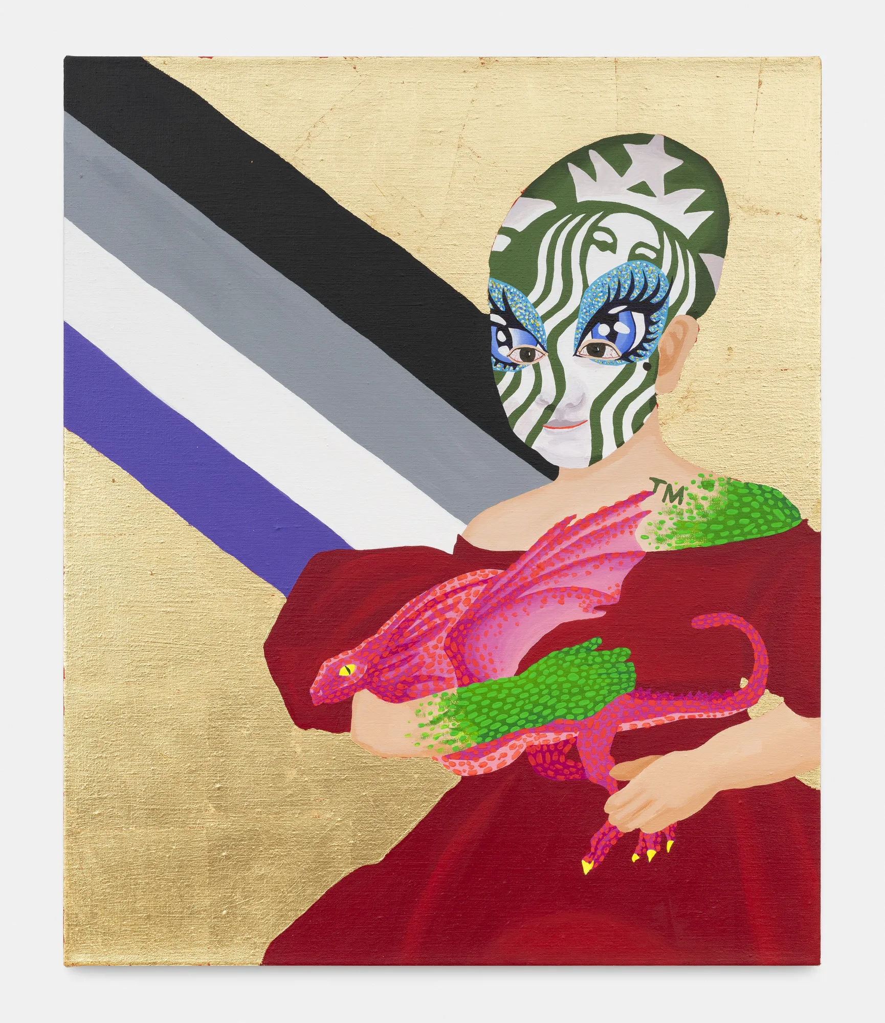 Bailey Scieszka Starbucks Girl with Baby Dragon, 2019 Acrylic and gold leaf on linen 76 x 63 x 4 cm. 30 x 25 x 1.5 in.