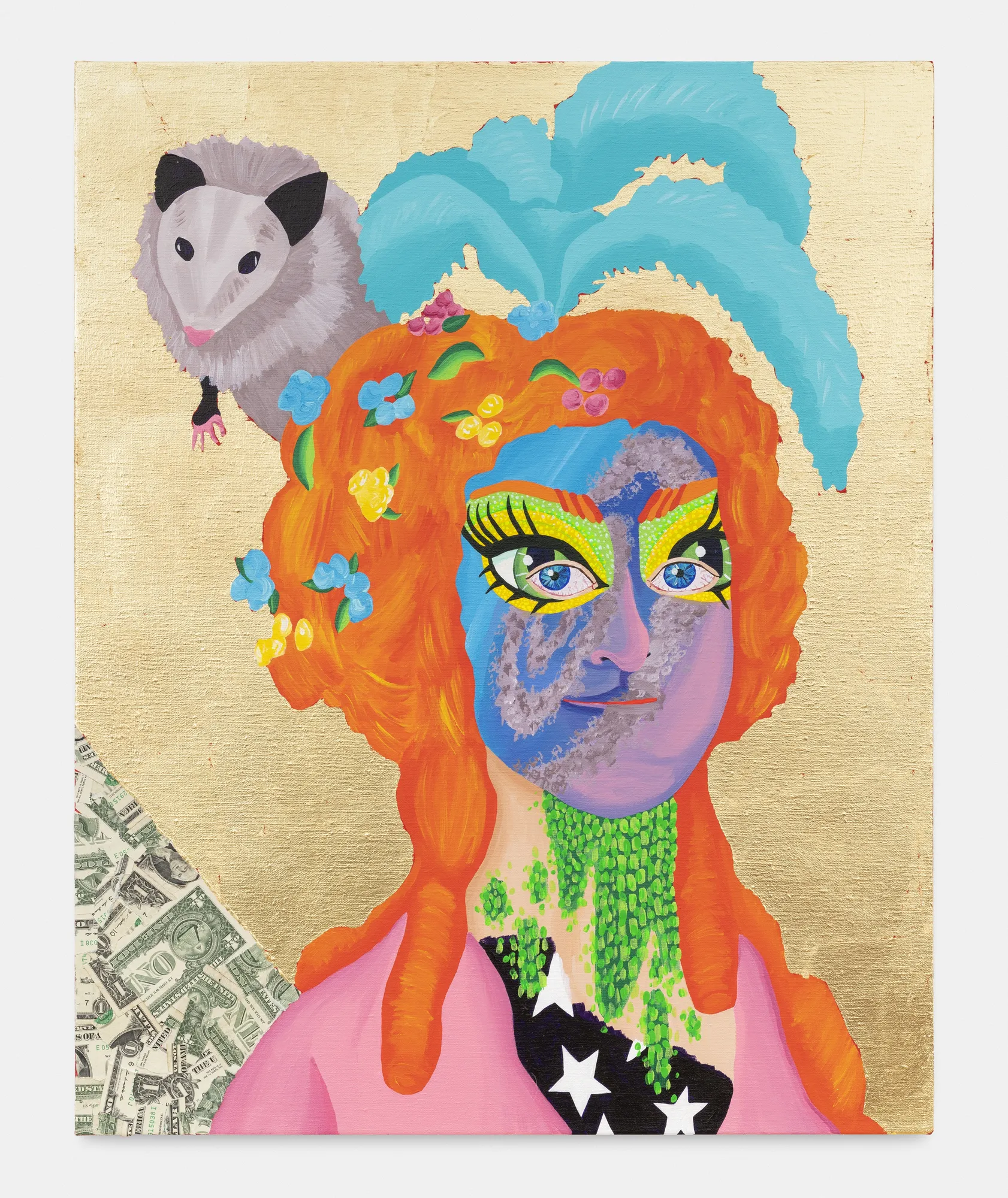 Bailey Scieszka Old Put with Spiral Jetty Face Paint, 2020 Acrylic, gold lead, and dollar bills on linen 76 x 61 x 4 cm. 30 x 24 x 1&frac12; in.