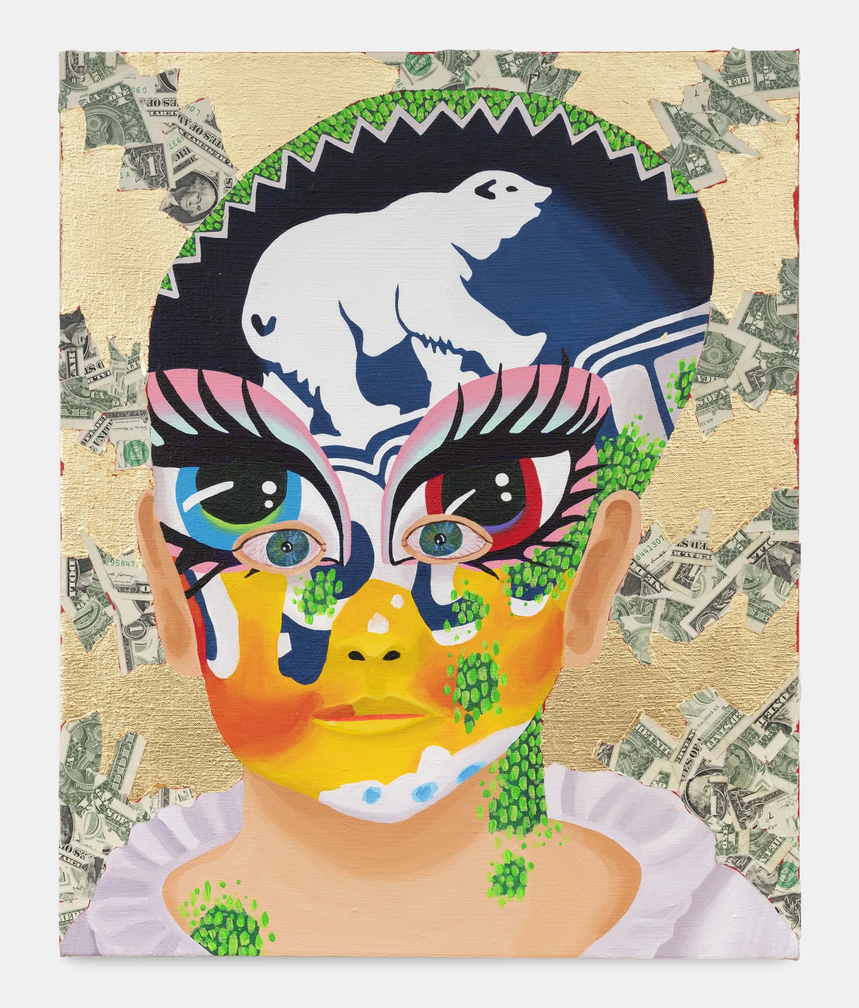 Bailey Scieszka Shiloh doesn&rsquo;t care (Boy with Klondike and Global Warming Map Face Paint), 2020 Acrylic, gold leaf, and dollar bills on linen 43 x 53 x 2.5 cm. 17 x 21 x 1 in.