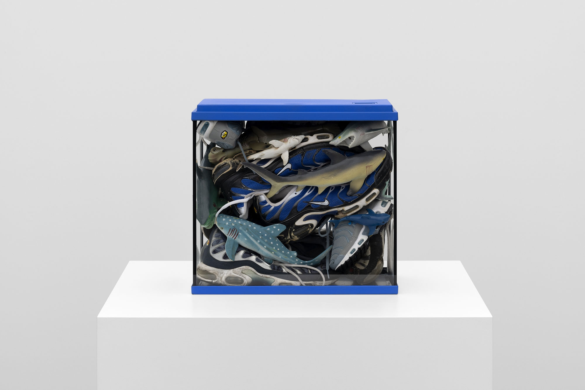 Julien Boudet Aquarium de Requins, 2021 Aquarium, used TN Nike sneakers, plastic sharks 40 x 37 x 20 cm. 15 x 14 x 8 in.