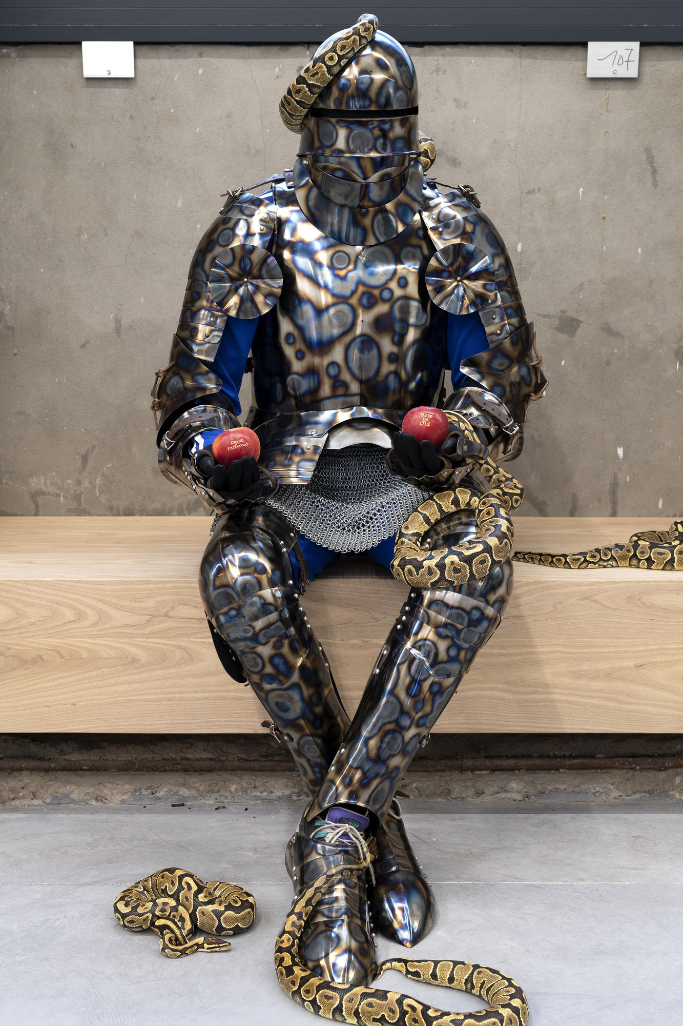 Léo Luccioni Morpheus Knight Tuning, 2021 Burnt steel, leather, counterfeit Adidas training, Nike shoes, burnt apple