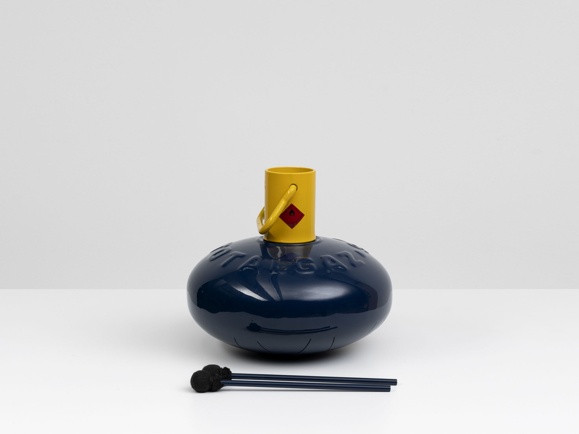 Léo Luccioni TOTALGAZ-95 Meditation Drum, 2021 Steel gas cylinder, aluminum sticks and cotton, custom car body paint 30 x 26 x 26 cm. 12 x 10 x 10 in.