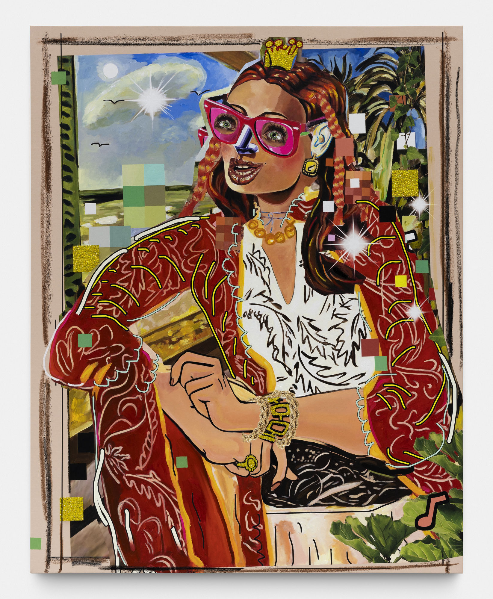 Allison Zuckerman On Second Thought, 2021 Oil, Acrylic, Archival CMYK ink, and Rhinestones 157 x 124 cm. 62 x 49 in.