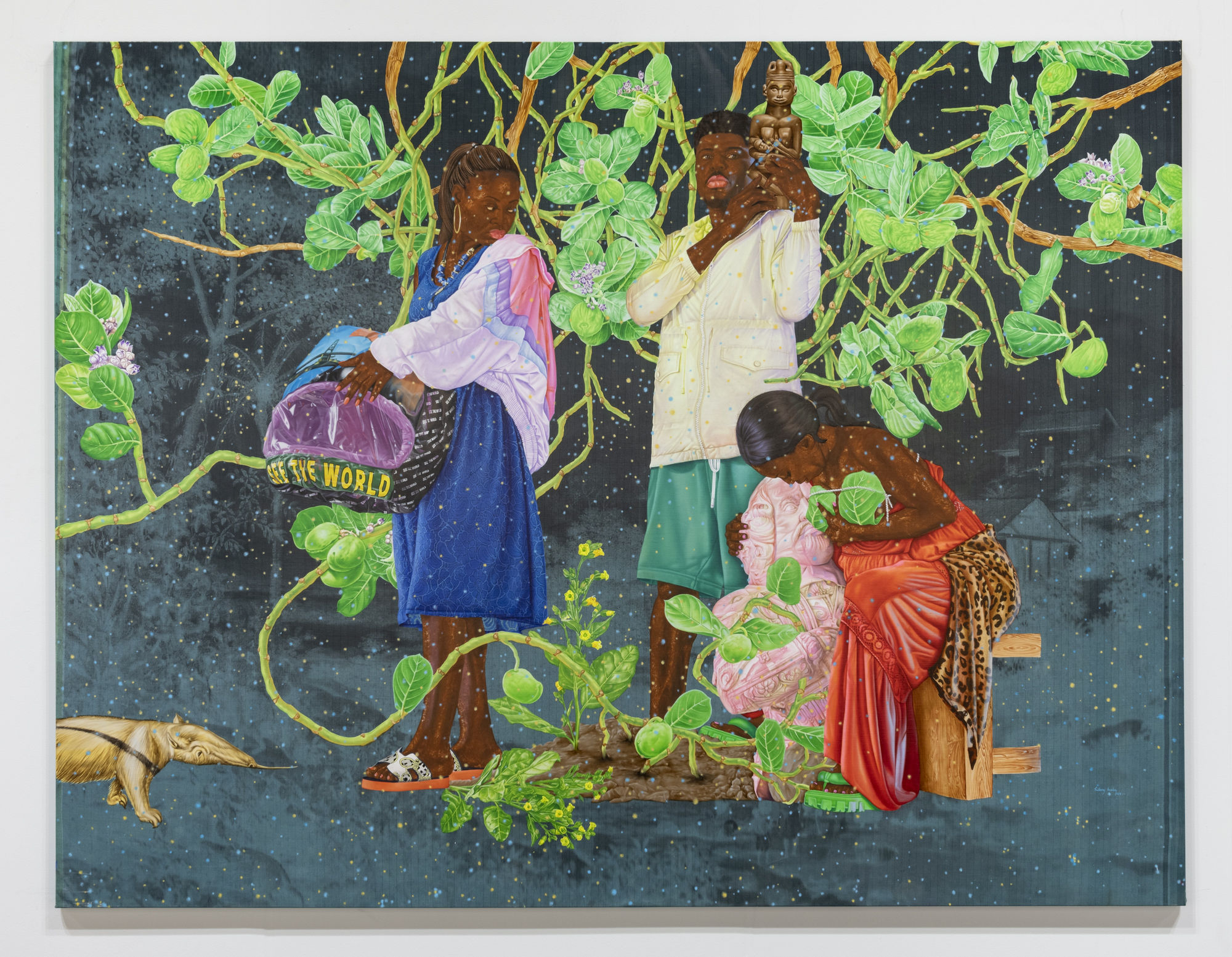 Hilary Balu Ekongo Inzambi kwandi kanvila muntu nlenda kungandako evokundilisa 2, 2023 Acrylic, CYMK ink and sgraffito on canvas 215 x 280 cm. 84.6 x 110.2 in.