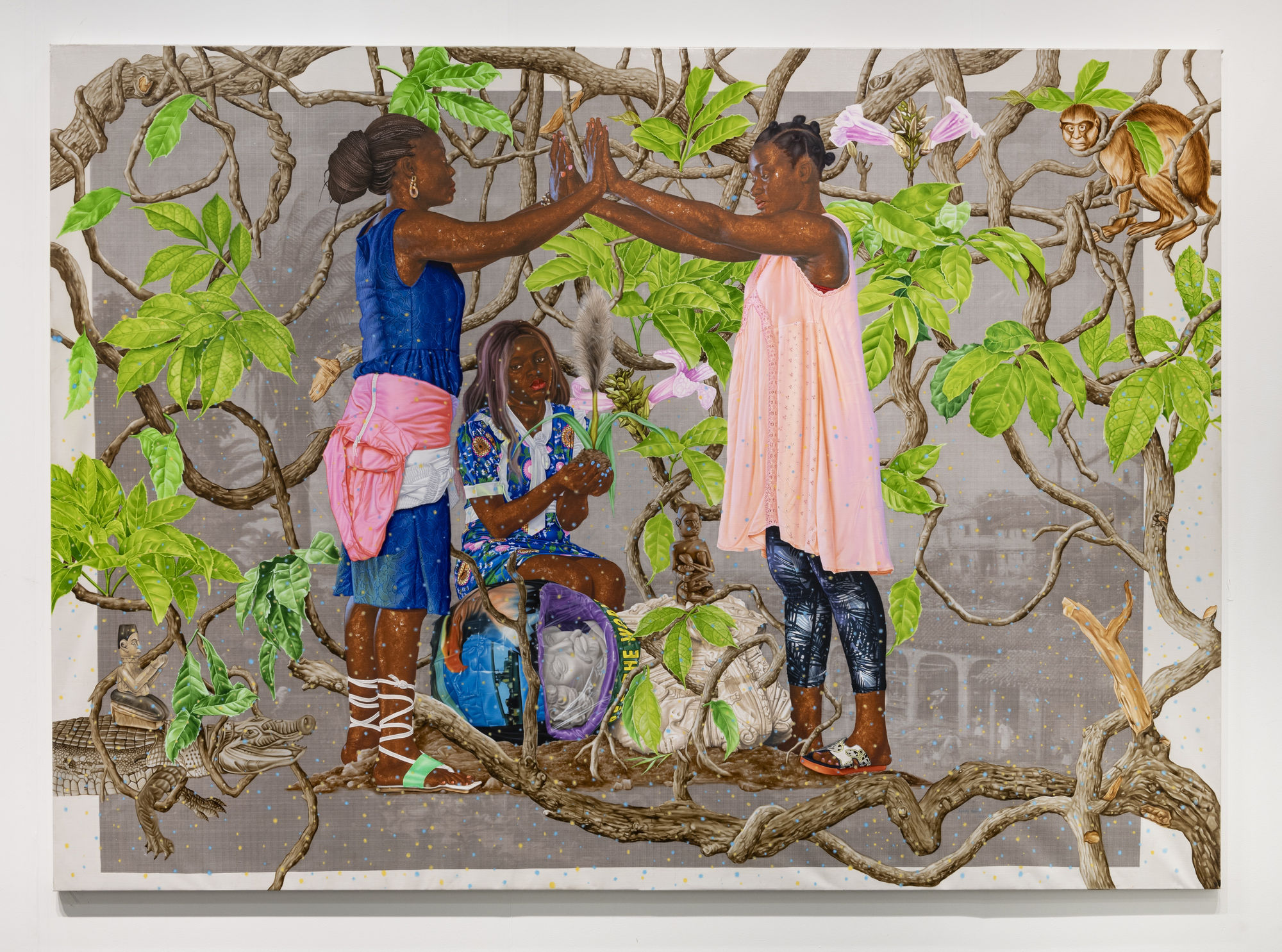 Hilary Balu Ekongo Inzambi kwandi kanvila muntu nlenda kungandako evokundilisa 1, 2023 Acrylic, CYMK ink and sgraffito on canvas 215 x 300 cm. 84.6 x 118.1 in.