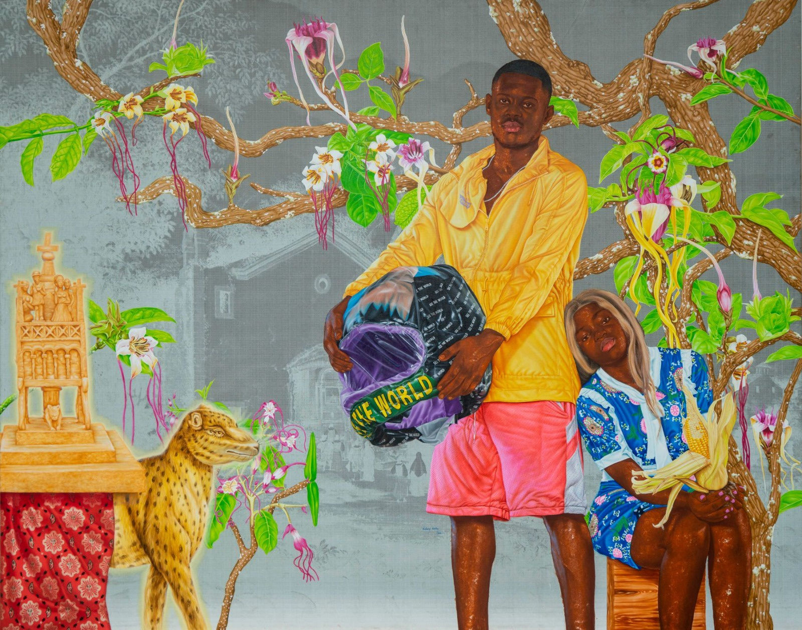 Hilary Balu Ekongo Inzambi Kwandi Kanvila Muntu Nlenda Kungandako Evokundilisa 4, 2023 Acrylic, oil and scratching on canvas 200 x 250 cm. 78.7 x 98.4 in.