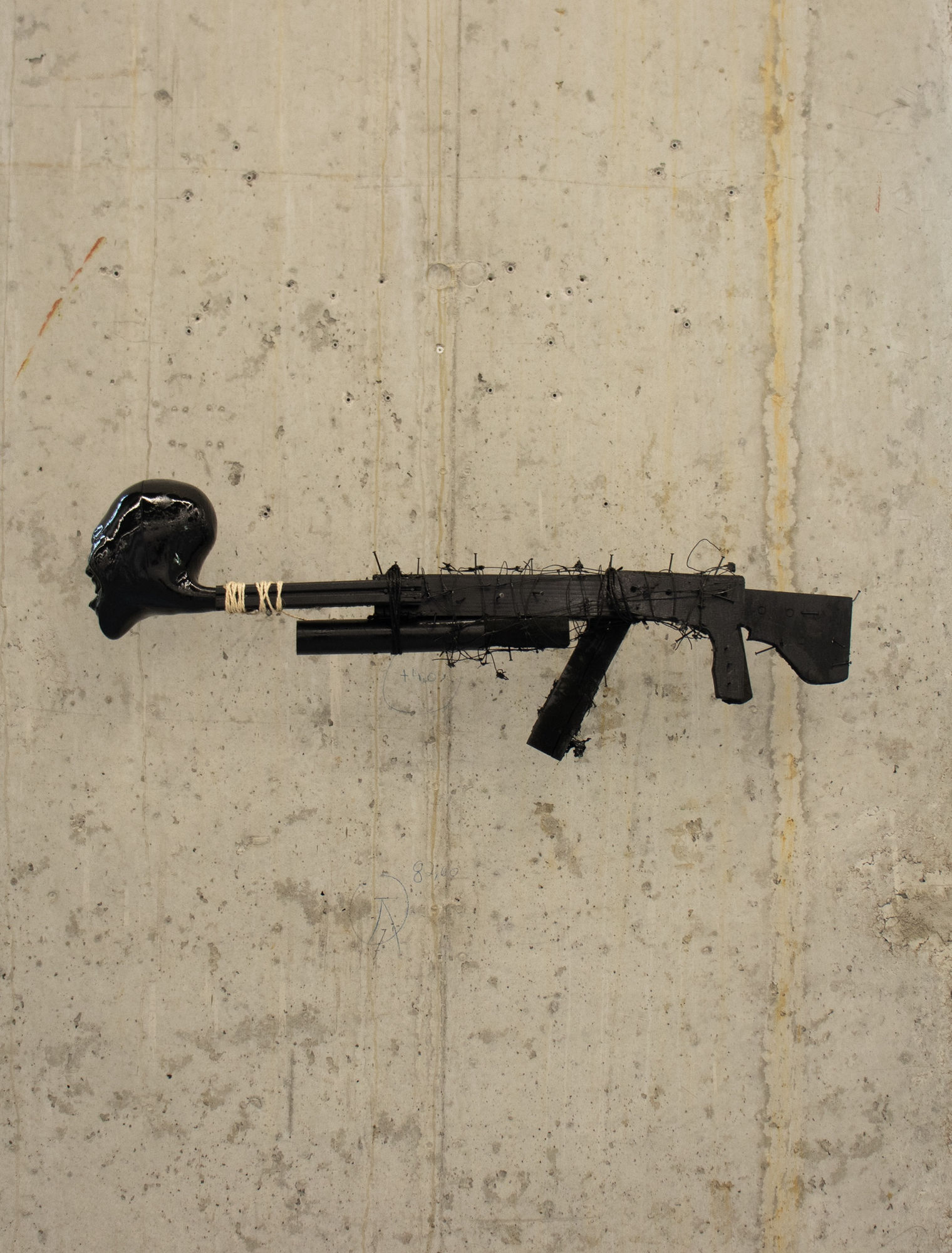 Pharaoh Kakudji & Rohan Mirza Fétiche #Play #DontPlay, 2024 Acrylic media, wood, nails, barbed wire, 3D printing 105 x 10 x 15 cm. 41.3 x 4 x 6 in.