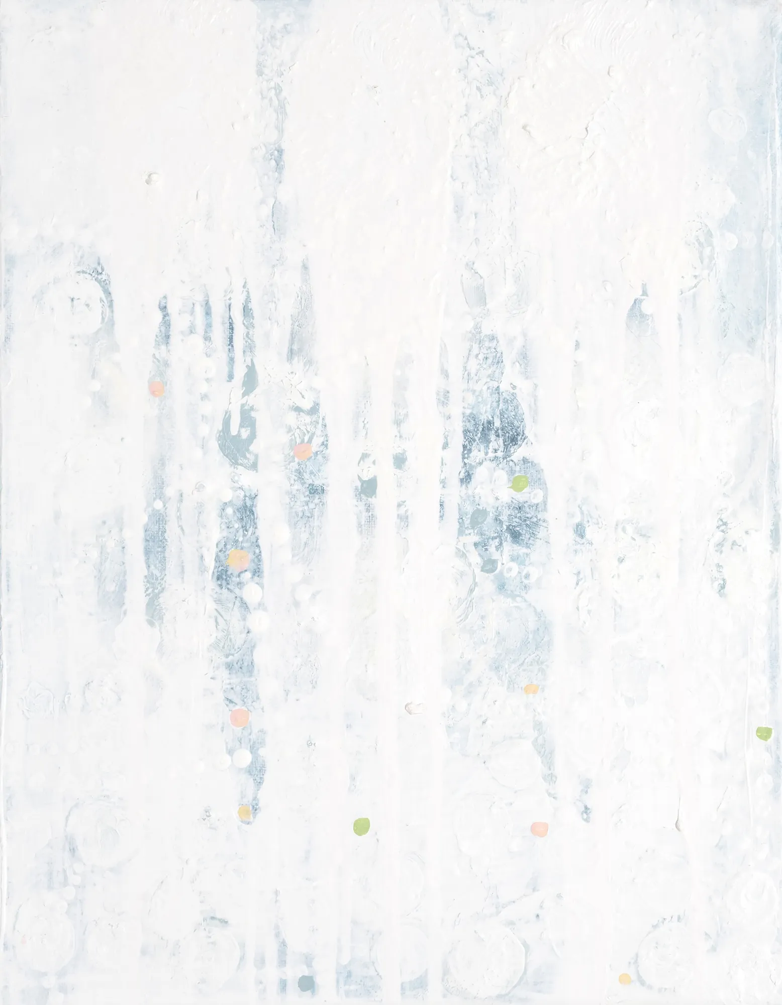 Mixed Media on Canvas. Damar Varnish, Oil Paint, Acrylic , Spray Paint, Paper and Wax 36cm x 28cm x 1cm or 14 x 11 x ½ inches, Framed in White Tray Frame.