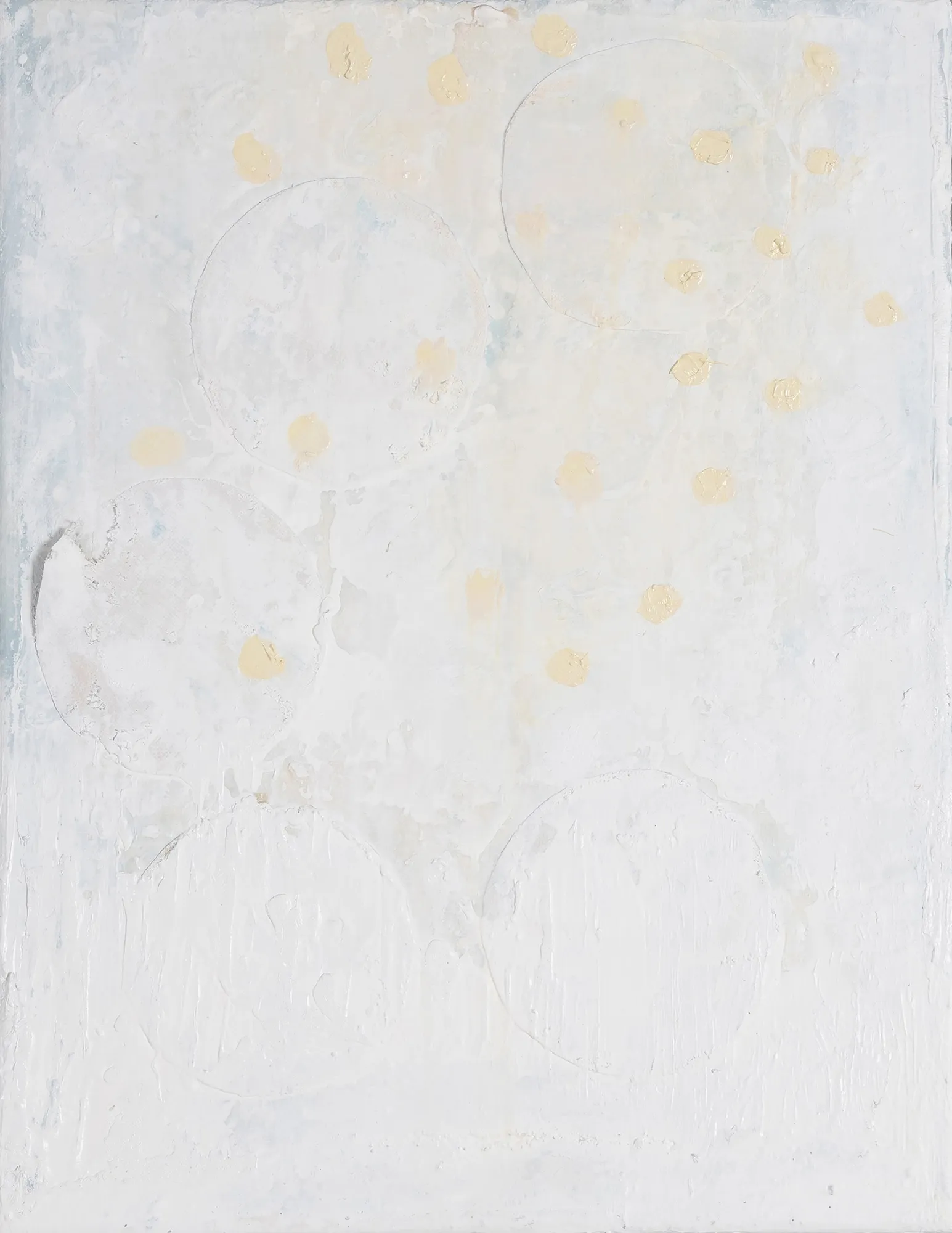 Mixed Media on Canvas. Damar Varnish, Oil Paint, Acrylic , Spray Paint, Paper and Wax 36cm x 28cm x 1cm or 14 x 11 x ½ inches, Framed in White Tray Frame.