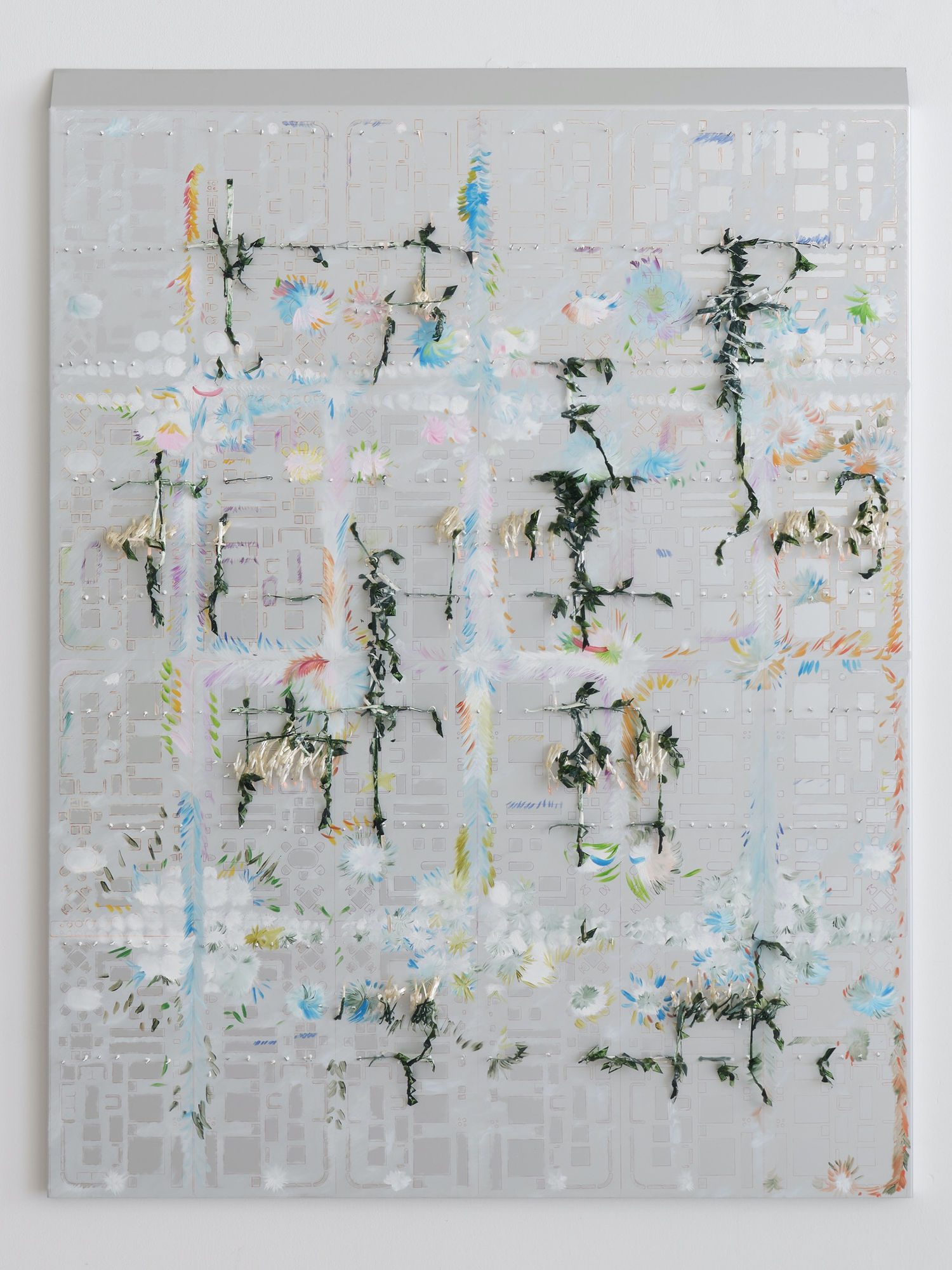 United Miracles, 2023, oil paint, fineliner, pencilled, gelatin and glue on hand-tapped aluminium, 125 x 95 cm