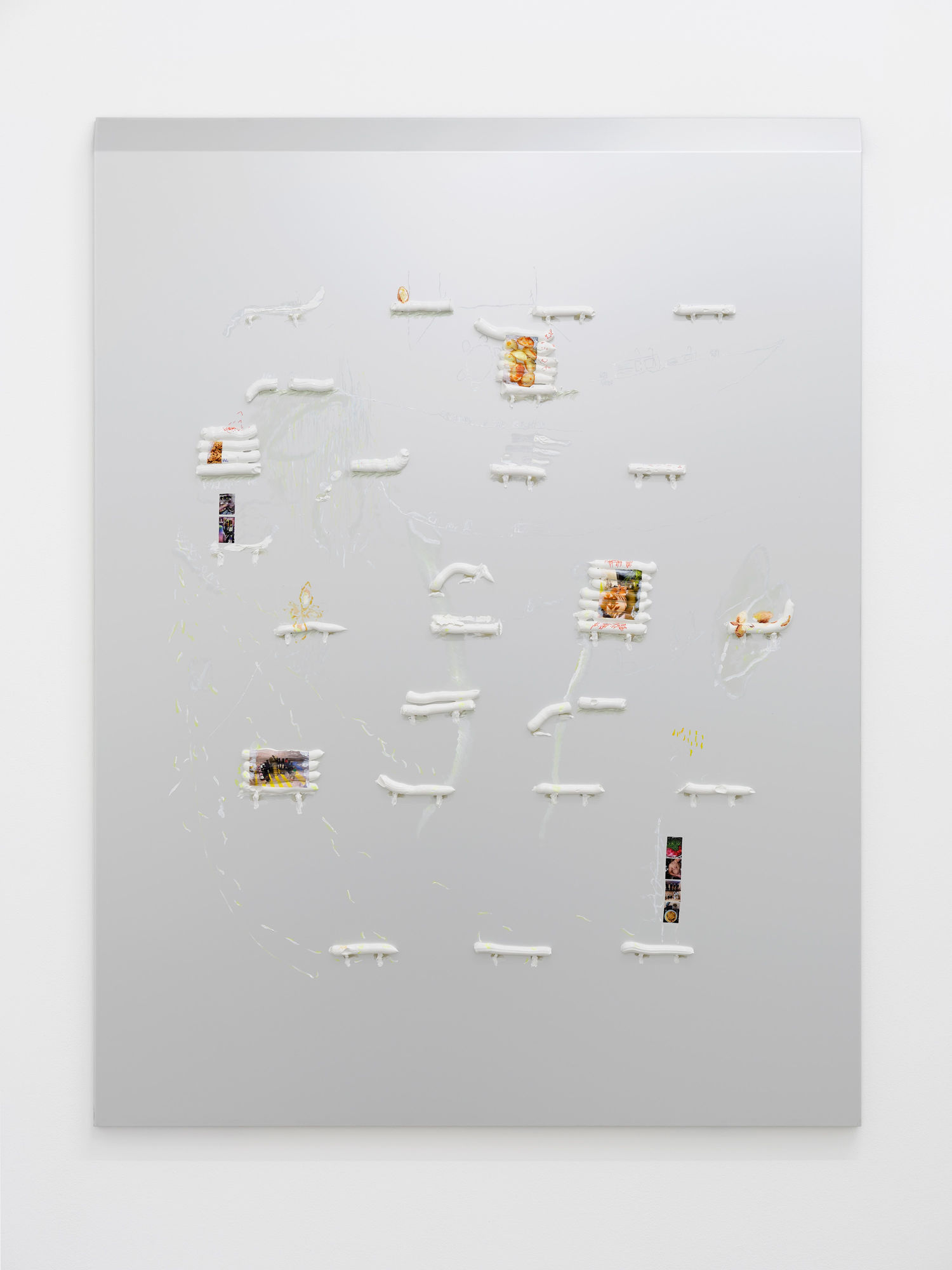 Seducer's Diary, 2021, oil paint, fineliner, cut-outs and glue on aluminium, 125 x 100 cm