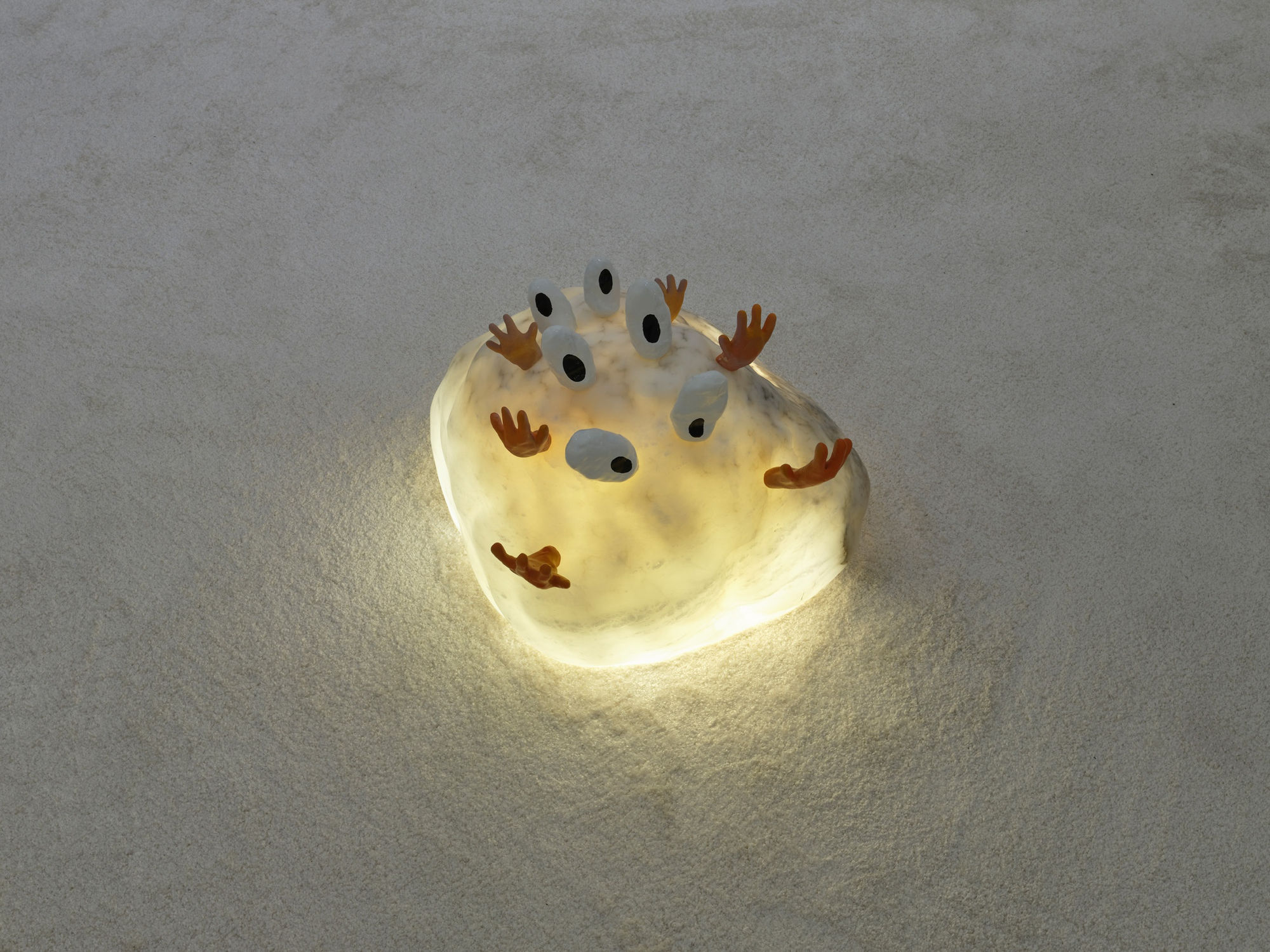 Backfire, 2023, alabaster, polymer clay, spray paint, LED, 36 x 40 x 50 cm