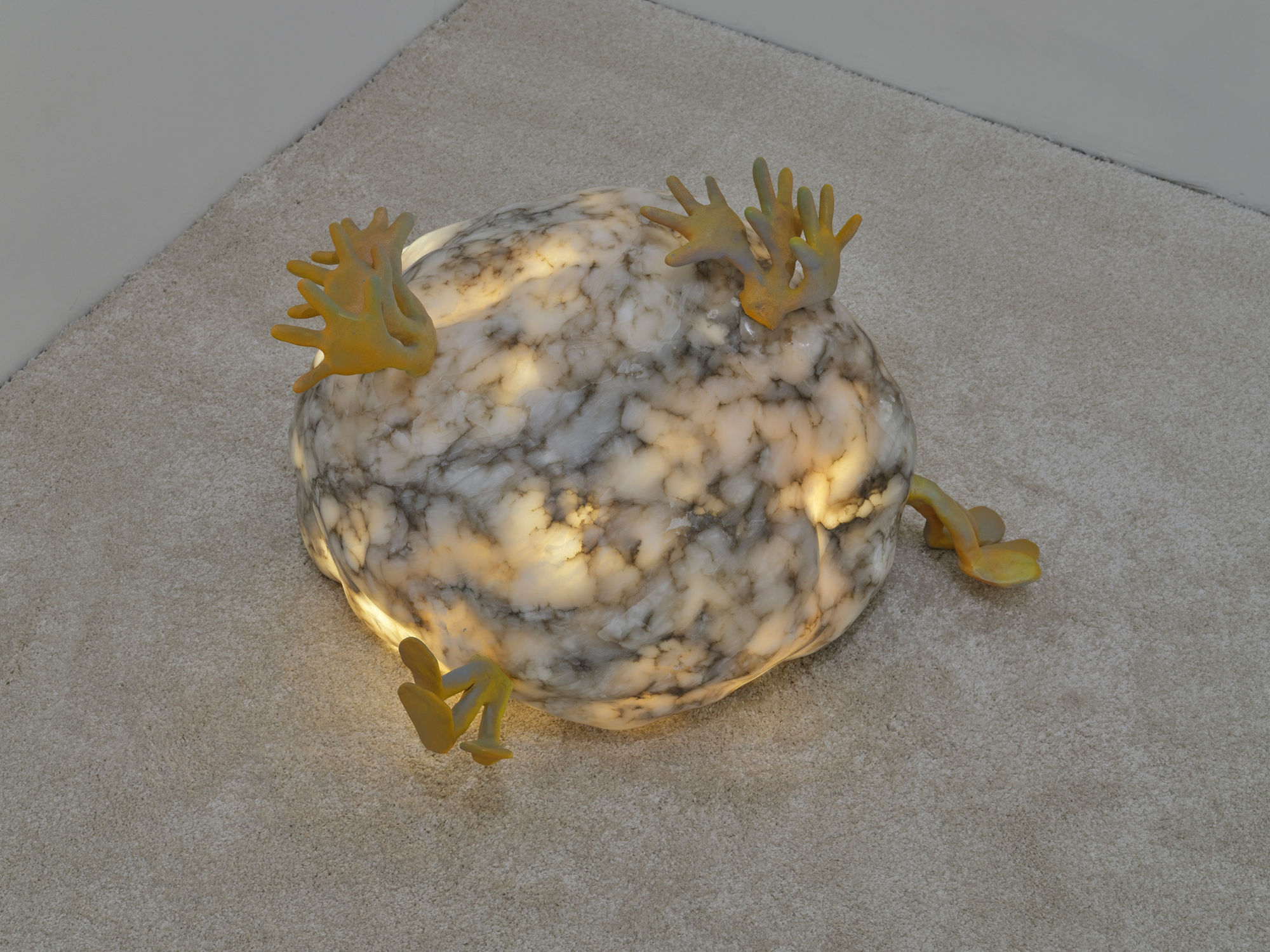 Backfire, 2023, alabaster, polymer clay, spray paint, LED, 36 x 58 x 48 cm