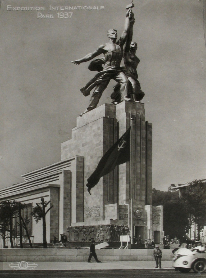 Black and white photograph of large Soviet sculpture