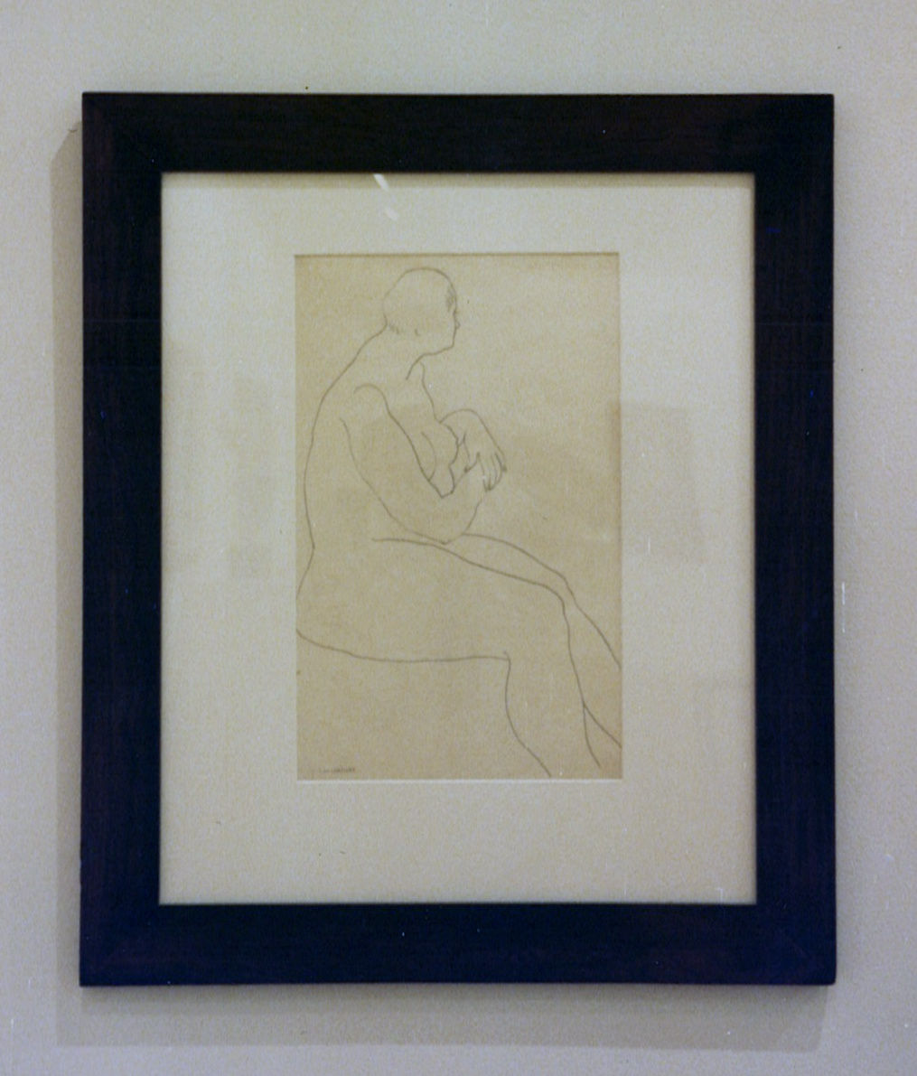 Line drawing of a nude woman twisted and facing away from the viewer
