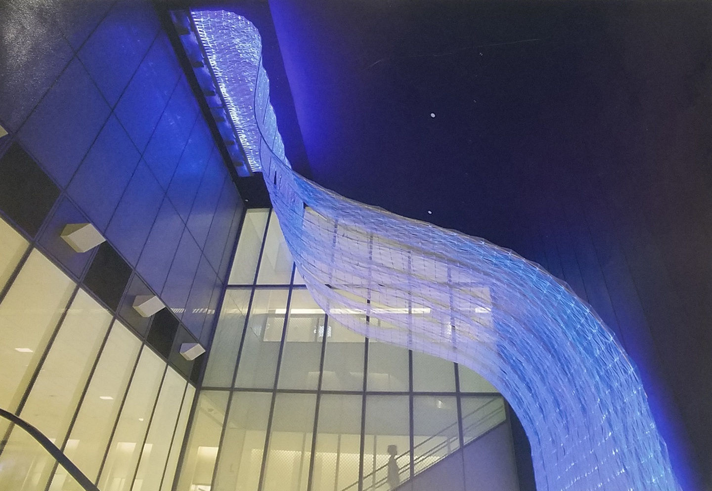 A photograph of a public artwork consisting of a fiber optic net