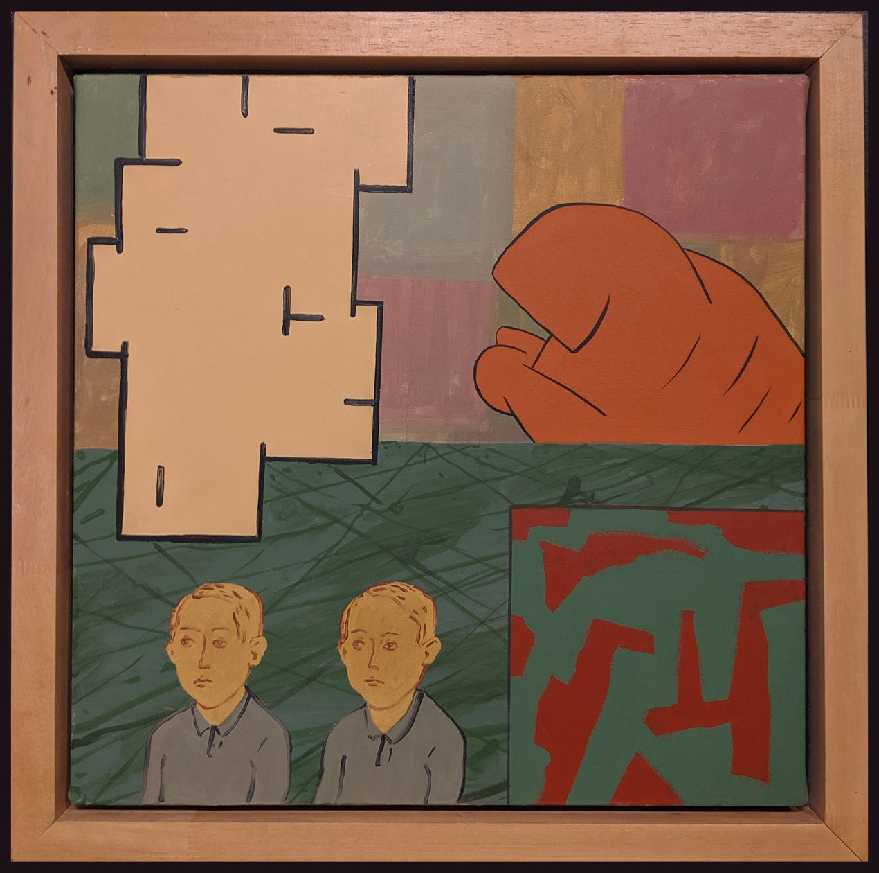 Segmented painting with figurative and abstract elements