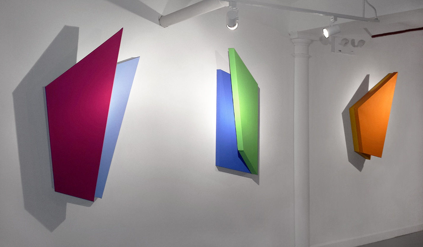 Installation view of 2017 exhibition Charles Hinman: Shaped Paintings at Westwood Gallery NYC