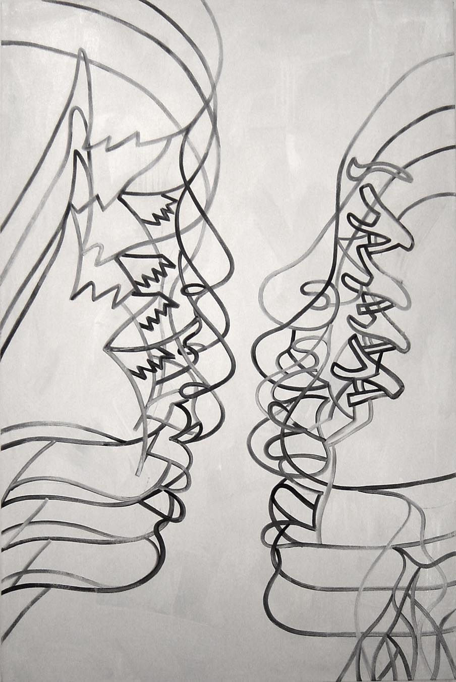 Oil outline of two faces on side profile in front of a white background