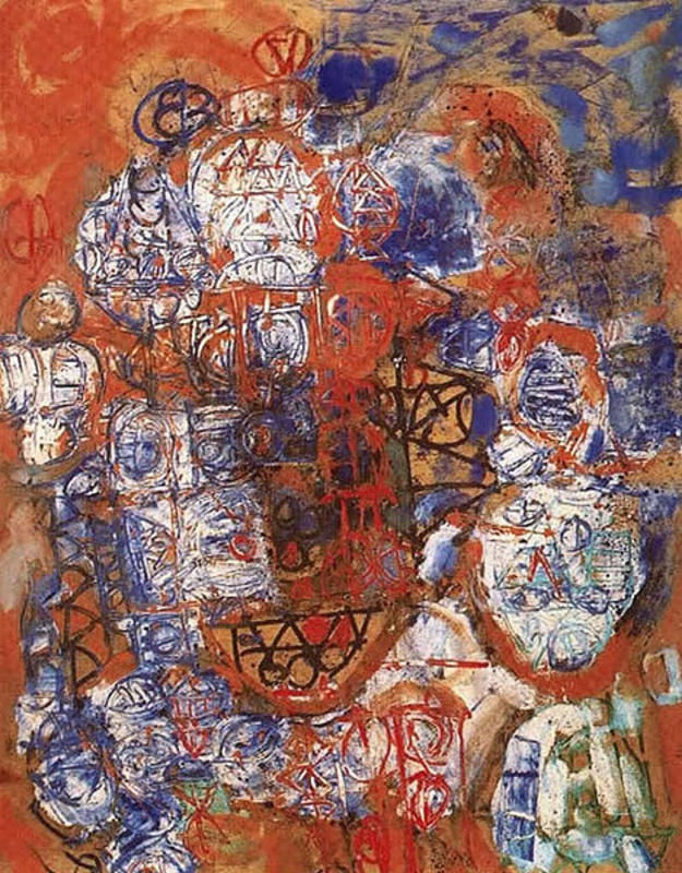 Orange, blue, black, and white abstract oil painting