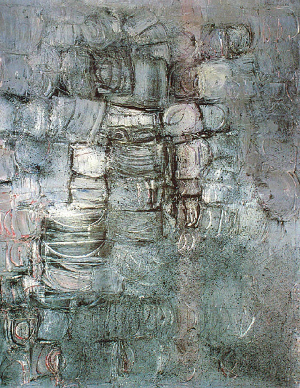 Blue, black, and white abstract oil painting