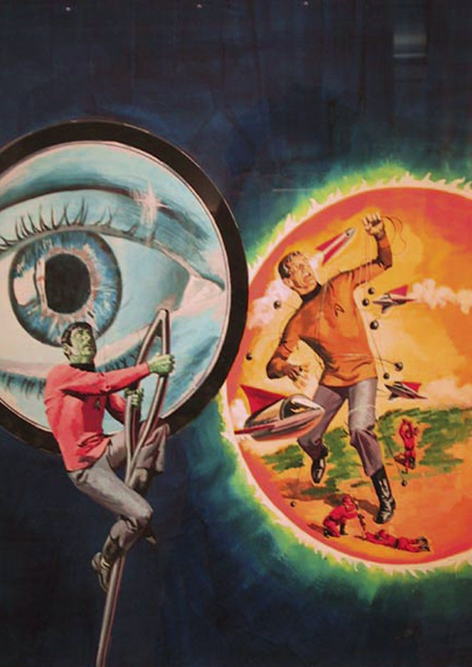 Watercolor painting of Star Trek characters in space