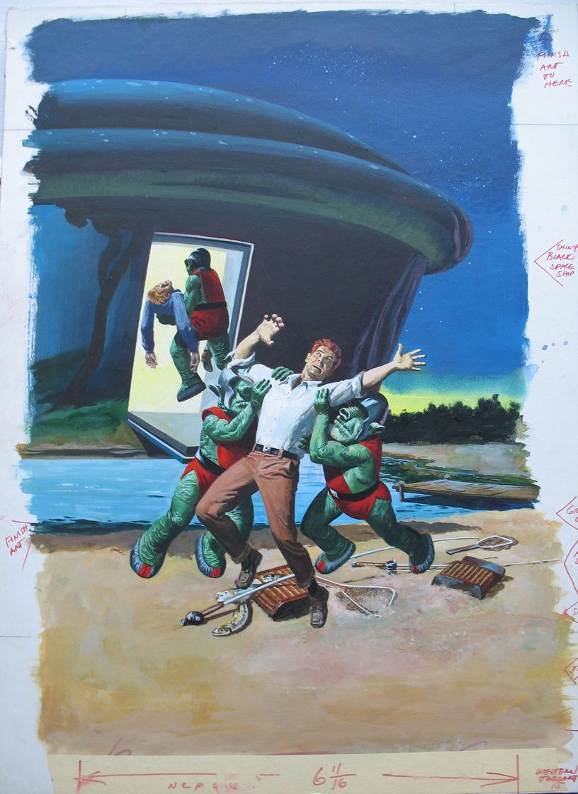 Watercolor painting of a man being attacked by green aliens, dragging him into a UFO