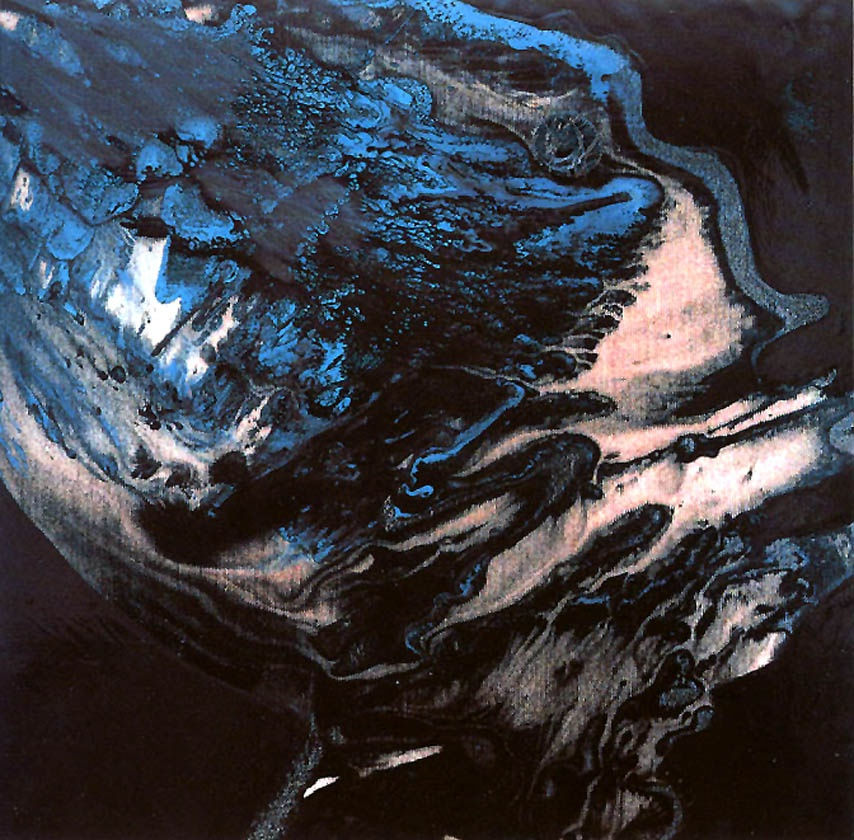 Blue and white enamel on black background