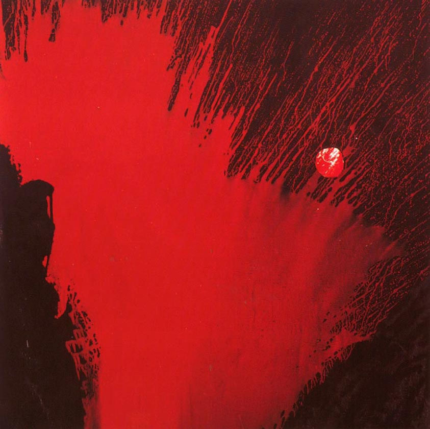 Red enamel on black background