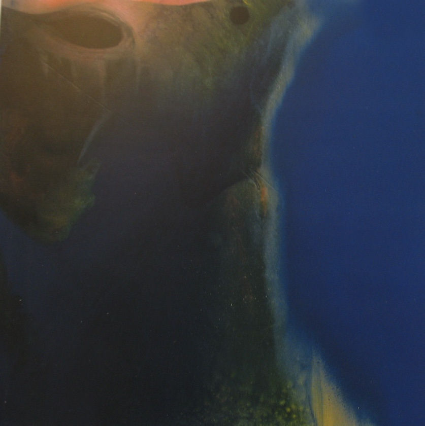 Brown and yellow enamel on blue background