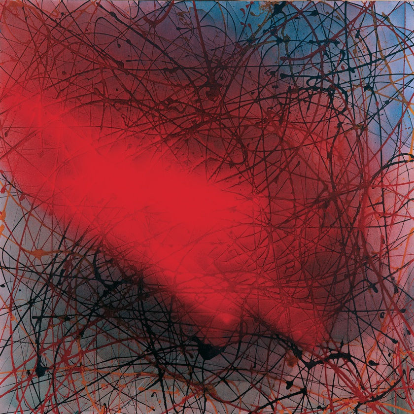 Red and black enamel on blue background