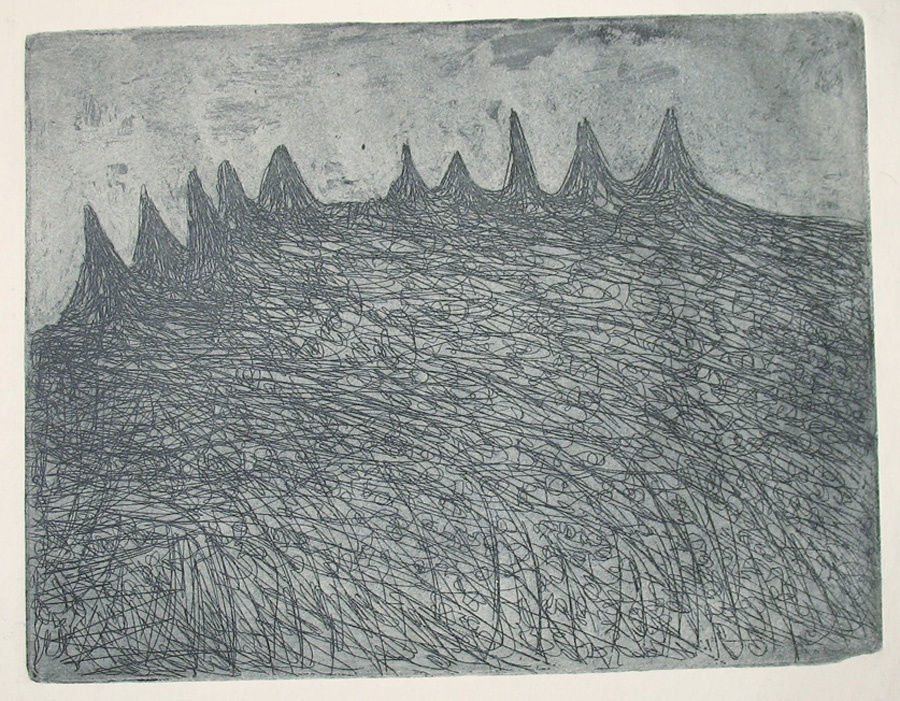grayscale etching of landscape silhouette